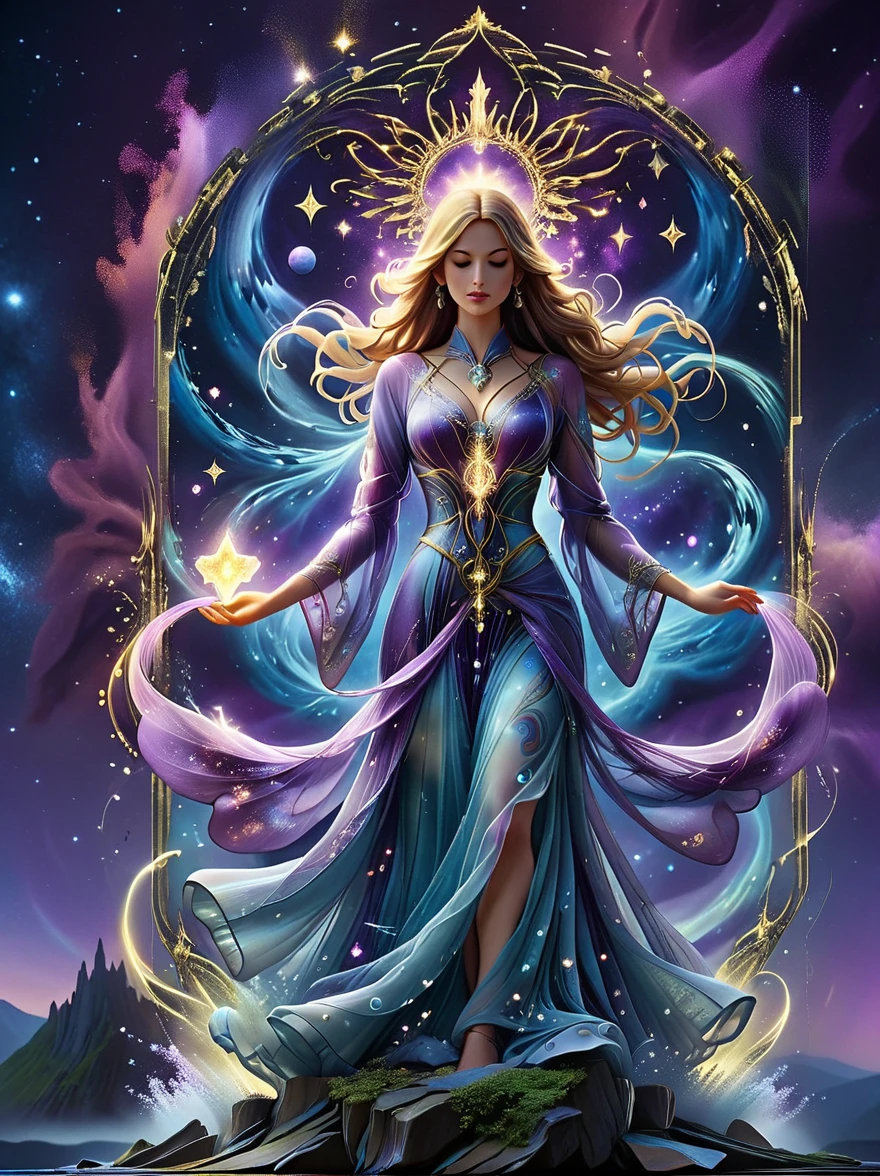 (tarot card:1.5，Rotational symmetry，center），A figure stands on a cliff, enveloped in swirling streams of cosmic energy, amidst a dreamy, nebulous landscape. The silhouette of the person is wrapped in a flowing, ethereal gown that merges with the celestial currents. The sky is a tapestry of deep purples and blues, sprinkled with stars, and the landscape below is hinted at with soft, rolling mountains. The scene is one of tranquility and the sublime, capturing the majestic essence of the cosmos with a single, contemplative figure standing in awe，(Very detailed，Reasonable design，clear lines，High definition，best quality，masterpiece，8K)