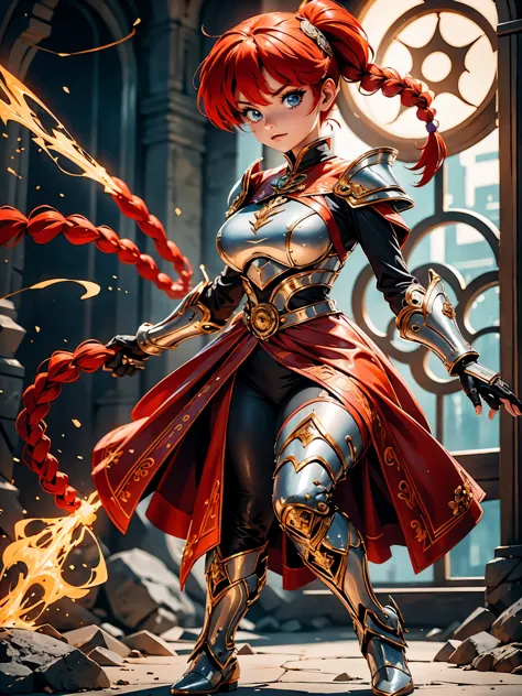 Garota anime ruiva guerreira, com ears fox, com armadura red,  red armored, 15 anos, corpo bonito, seios grandes, postura de com...