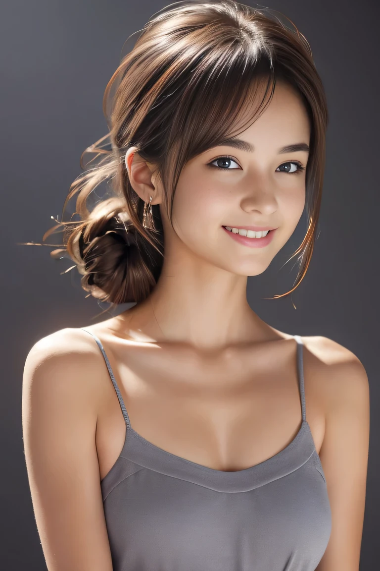 Tight gold top:1.2, looking at the audience, Cinema lighting, perfect, soft light, High resolution skin:1.2, Realistic skin texture, 1、a small face、No makeup，Off the shoulders，Bust C cup、blue eyes, bun, dark brown hair、Completely naked、gray background、Photo from thighs up、　The abdomen is visible、cute smile,　cute pantie, ribbon onthe neck, standing,