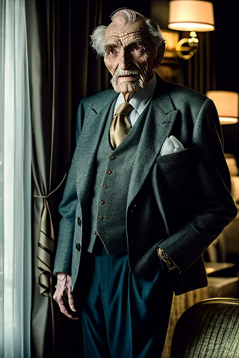 A cinematic portrait photo of a deeply intriguing old man, captured within the opulent surroundings of a luxury hotel. His open ...