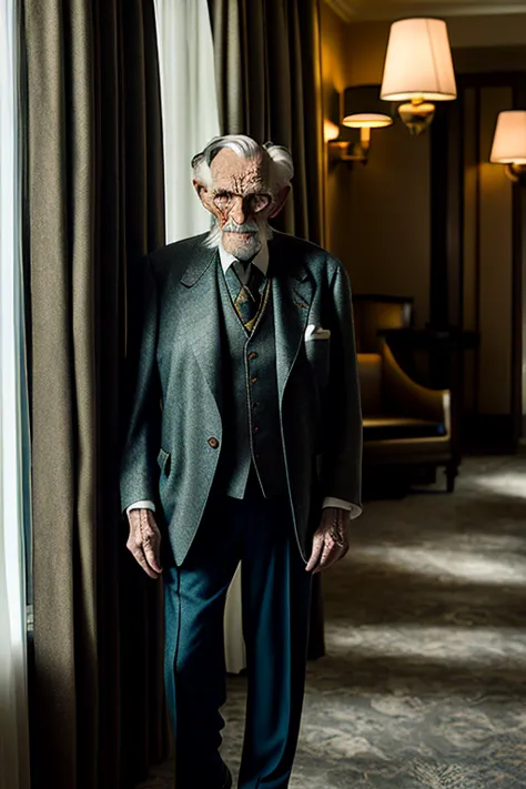 a cinematic portrait photo of a deeply intriguing old man, captured within the opulent surroundings of a luxury hotel. his open ...