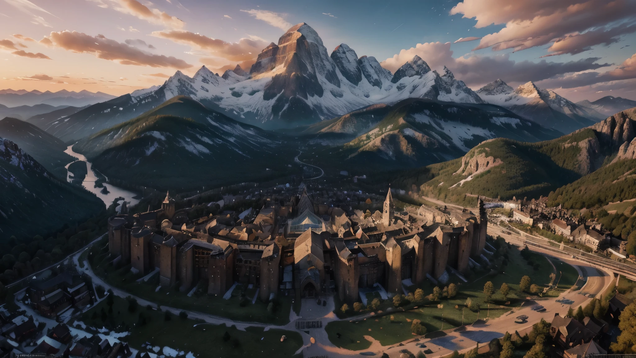 kingdom, medieval city, forest, sunset, landscape, massive mountains, peak, (very detailed CG unity 8k wallpaper), the most beautiful artwork in the world, professional majestic oil painting, intricate, high detail, clear focus, dramatic, realistic painting art, blue sky.