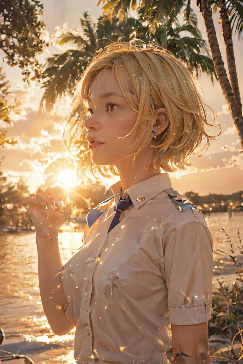 high quality, beautiful face, light,Sparkling sunset,
outdoor,nsfw,very short hair,high school girl,uniform,School