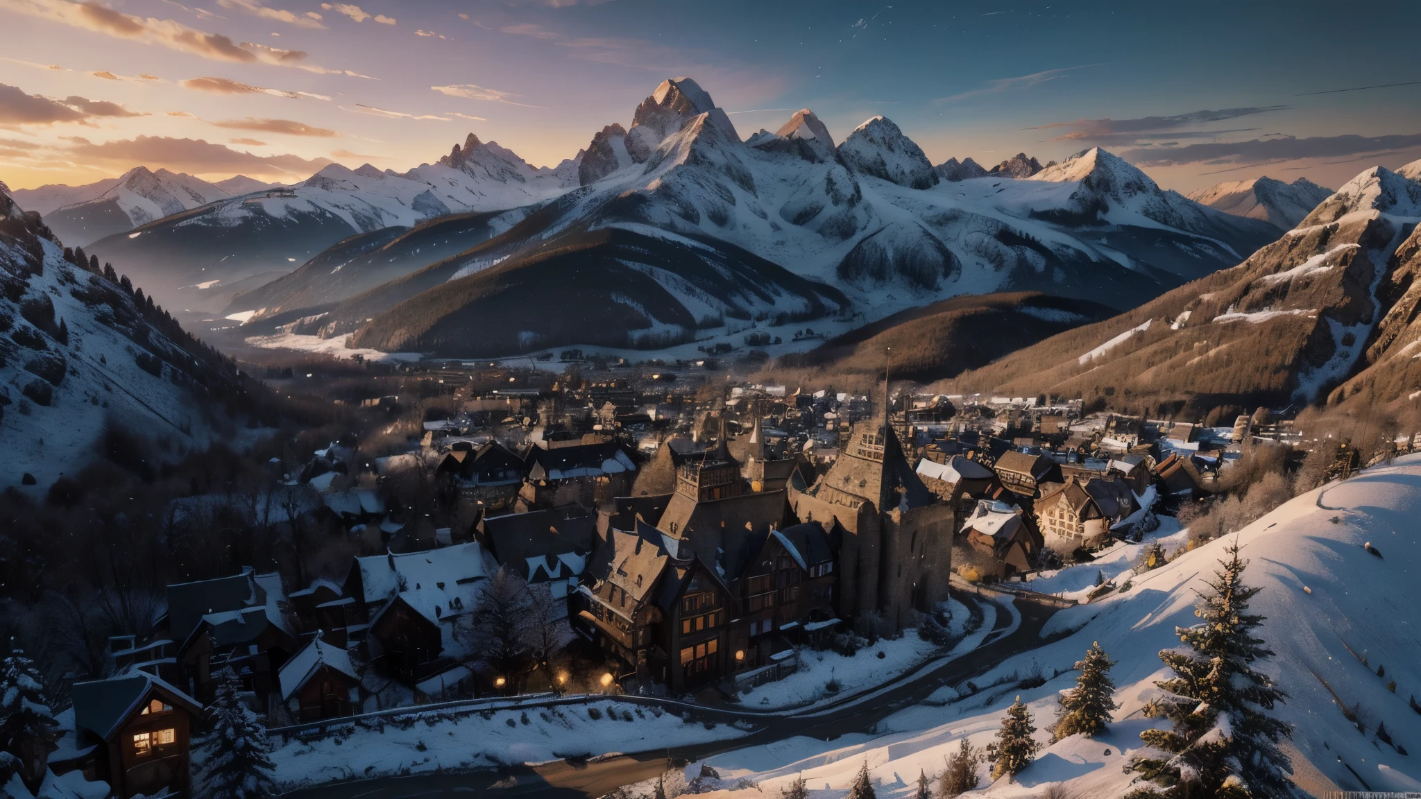 kingdom, medieval city, forest, sunset, landscape, massive mountains, peak, (very detailed CG unity 8k wallpaper), the most beautiful artwork in the world, professional majestic oil painting, intricate, high detail, clear focus, dramatic, realistic painting art, blue sky.