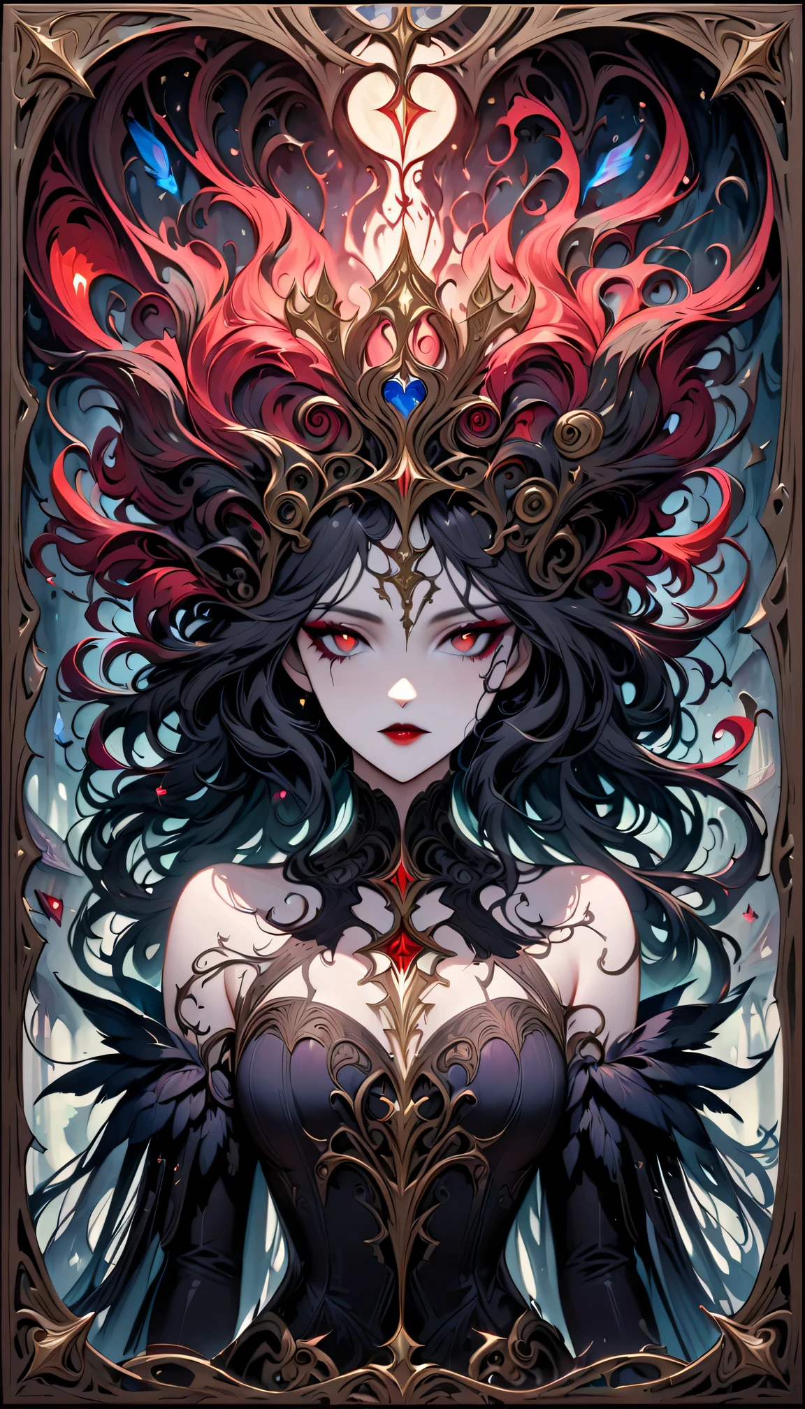 Tarot card: Mad Queen,dark fantasy,hauntingly beautiful,vivid colors,gothic horror,macabre atmosphere,fluid strokes,great attention to detail,Wooden border,fine linework,elaborately designed tarot card with intricate patterns,creepy and mesmerizing,richly textured,dramatic lighting,mysterious aura,distinctive style,exquisite artwork,shadowy background,mystical symbols,emotive expression,captivating gaze,feathered headdress,pale complexion,demonic features,long flowing hair with twisted strands,smoky eye makeup,intriguingly distorted face,dripping blood-red lipstick,ominous creatures lurking in the shadows,ethereal mist adding an otherworldly touch,moody tones enhancing the somber mood,impressive visual impact,foreboding vibe.