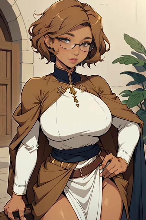 Solo, female, tan skin, curly hair, (((short hair))), light mahogany hair, lipstick, eyeliner, eyelashes, thick eyelashes, average breasts, white linen tunic, exposed hips, navy cloak, glasses, fantasy village, skirt lift