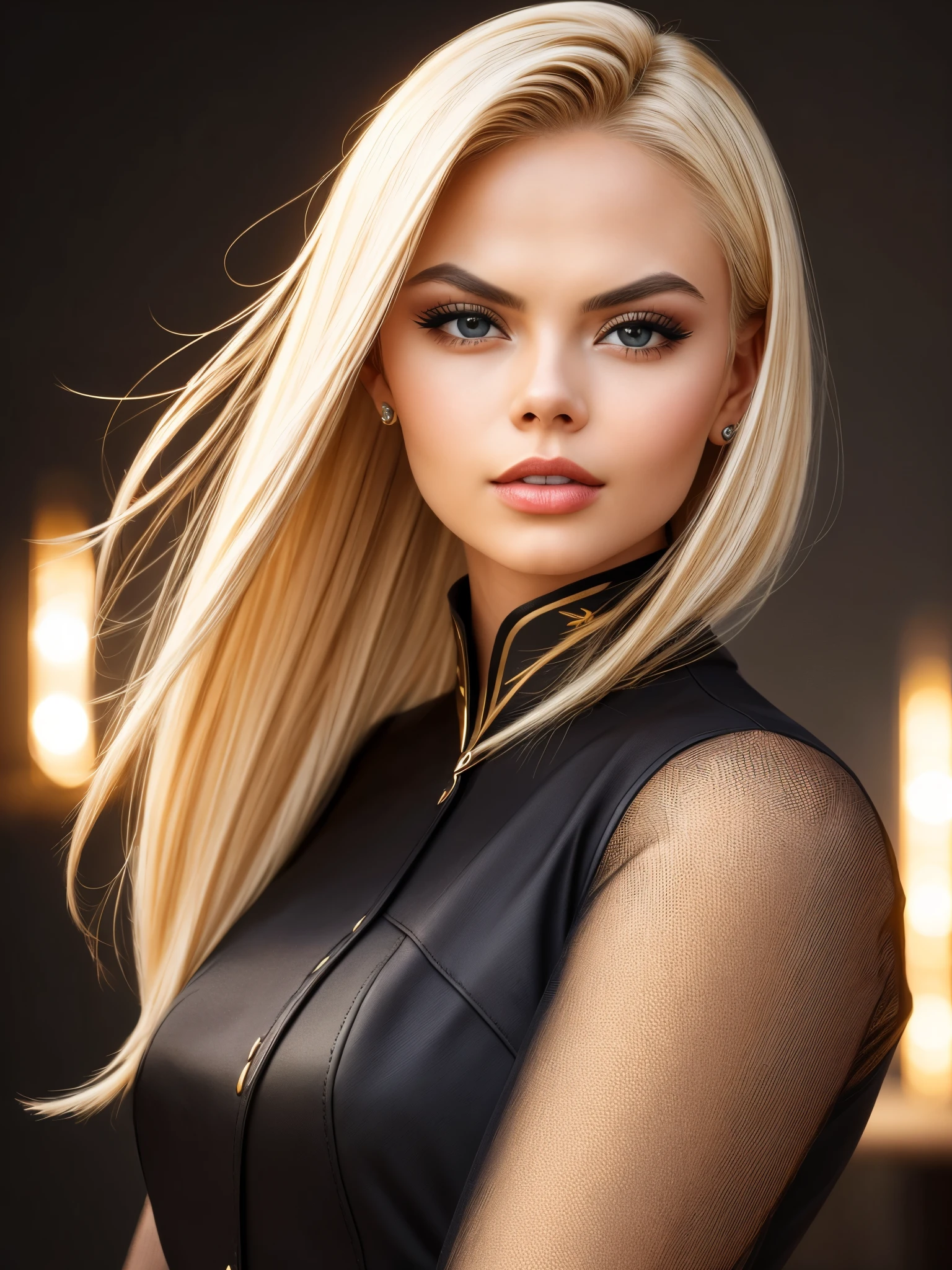 retrato de una mujer árabe (jessejane_v1:1.0), pelo rubio, ((alta calidad、alta resolución、​obra maestra、enfoque nítido、fotografía realista、Fotografía cruda、iluminando como una película、Ángulos de cámara extremos、iluminación radiante、fondo oscuro))、tiro al busto、labios rojos,  negro Suit、negro & Paleta Dorada、maquillaje oscuro