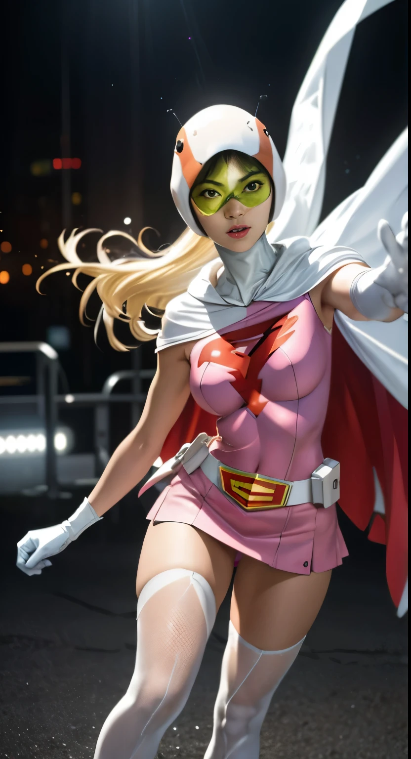 raw　photo,realistic,beautiful woman、Jun、straight,Pause,looking at the viewer,break,
Year_classic_Jun_Gatchaman_my wife,www.my wife.and,
long hair,chest,green eyes,lips,medium chest,blonde hair,lipstick,compensate,
gloves,cape,Helmet,belt,elbow gloves,white gloves,mask,skirt,leotard,Spacesuit,white legwear,pink dress,superhero,body suit,
official art,Highly detailed CG Unity 8K wallpaper, perfect lighting,colorful, bright_front_face_lit,shiny skin, (masterpiece:1.0),(Highest_quality:1.0), 超High resolution,4k,Super detailed, photo shoot, 8K, HDR, High resolution, (disorganized:1.2), kodak portrait 400, film grain, blurred background, (Bokeh:1.2), Lens flare, (lively_color:1.2),professional photos, (beautiful_face:1.5),