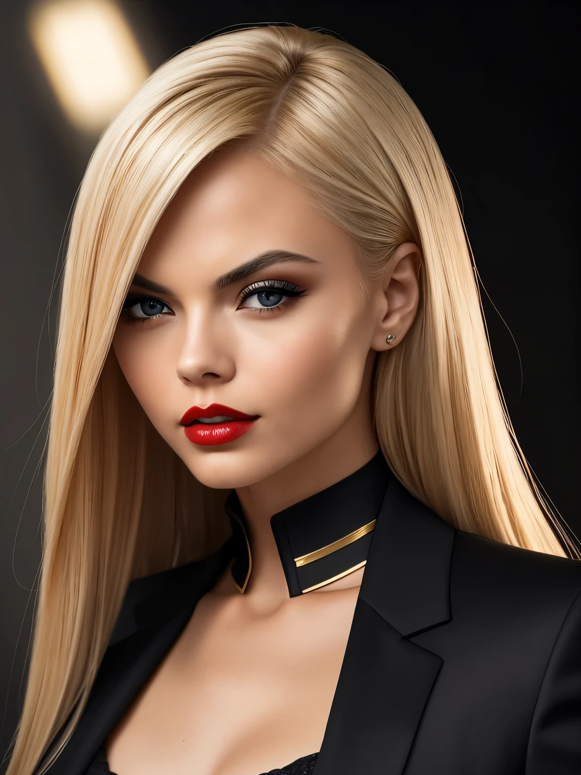 retrato de mujer (jessejane_v1:1.0), pelo rubio, ((alta calidad、Alta resolución、​obra maestra、enfoque nítido、fotografía realista、Fotografía cruda、iluminando como una película、Ángulos de cámara extremos、iluminación radiante、fondo oscuro、labios rojos,  negro Suit、negro & Paleta Dorada、maquillaje oscuro