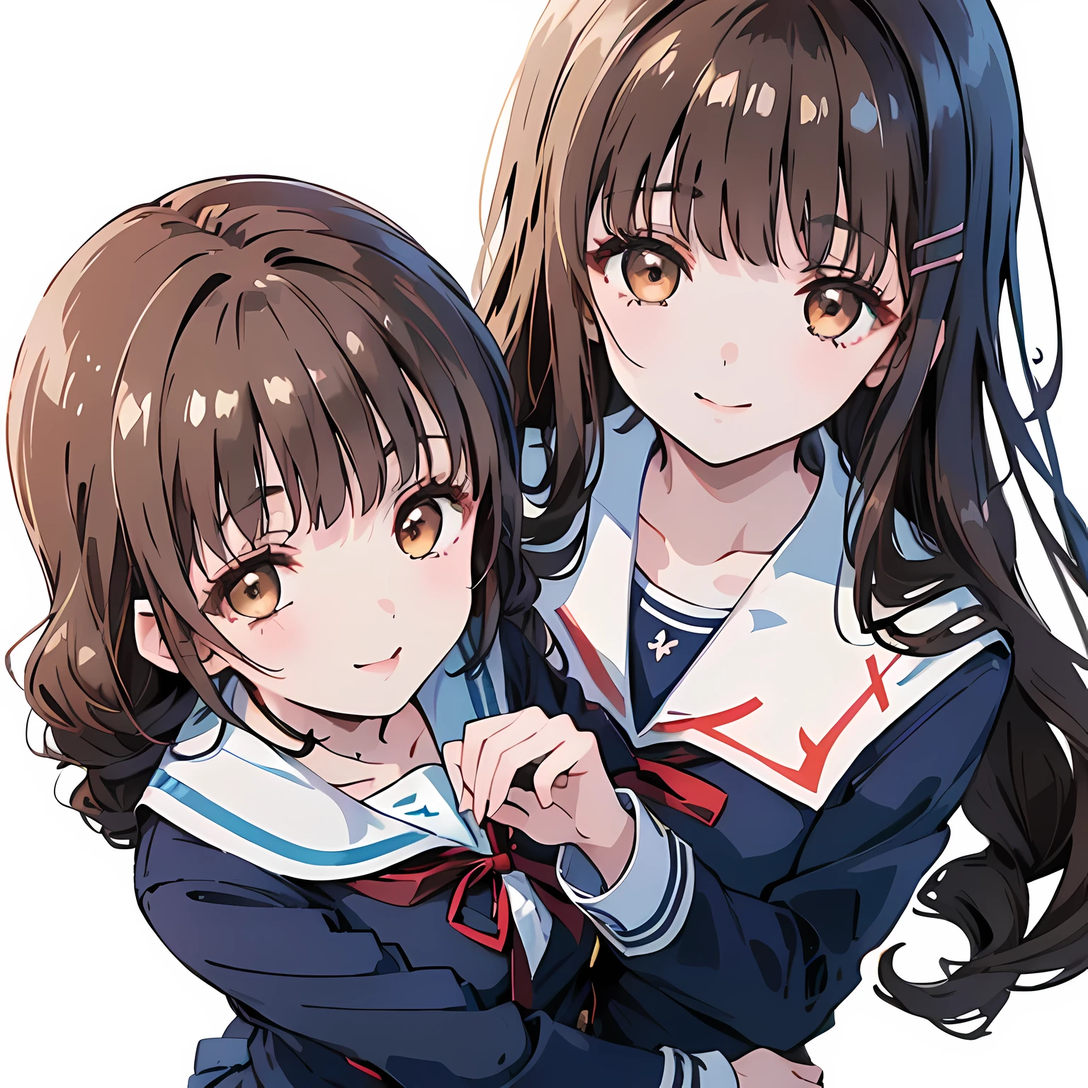 highest quality, (masterpiece:1.2), High resolution, perfect pixel, One long and so beautiful straight haired , 16 years old, (((big very detailed beautiful dark brown eyes))), ((black sailor uniform)), ((Black sailor uniform top and bottom)), ((very lovely & large & wide ribbon barrette)), ((((very beautiful long straight straight hair)))), ((Blue ribbon on the chest)), (((face up))), ((He is seen singing the song a cappella while laughing at the audience.)), Very fun, Very happy, mouth is open, the long skirt is so cute, detailed fingers, modest chest, ((curled bangs)), ((Lip balm)), so beautiful, long eyelashes, ((セーラー服 is photo realistic)), (((Touching your hair with your hands))), ((Showing viewers the beauty of straight hair)), ((very big girly hair ribbons)), ((Impressive and very beautiful eyes)), (((shot from above))), double eyelids, puffed sleeves