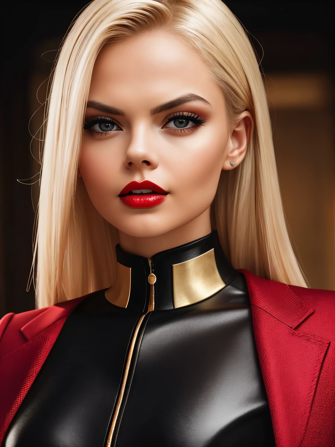 retrato de mujer (jessejane_v1:1.0), pelo rubio, ((alta calidad、Alta resolución、​obra maestra、enfoque nítido、fotografía realista、Fotografía cruda、iluminando como una película、Ángulos de cámara extremos、iluminación radiante、fondo oscuro、labios rojos,  negro Suit、negro & Paleta Dorada、maquillaje oscuro