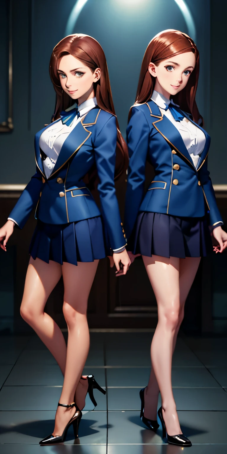 raw　photo,realistic,woman, brown hair, wavy hair, hazel eyes, very detailed, smile, dark blue blazer, white blouse, dark blue mini skirt, exposed legs, black high heels, full body shot, same pose, matching outfit, same clothes, twin sisters