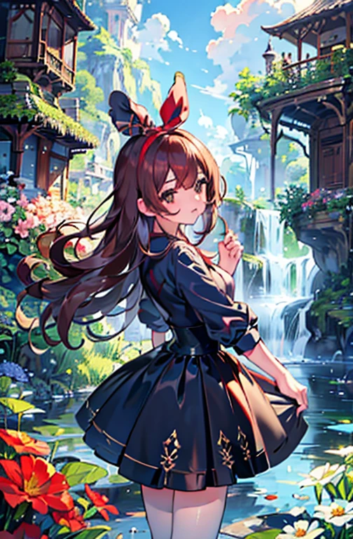 fundo, Fantasia, Fantastic, Fantasia, Jardim de flores, Dome, garota, garota anime, cabelos castanhos, cabelos grandes, cabelos longos, garota sorrindo, roupas vermelhas, red bow in hair, Alta qualidade, 4K, high resolution, High definition,