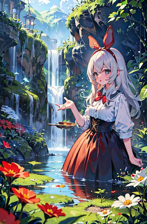 fundo, Fantasia, Fantastic, Fantasia, Jardim de flores, Dome, garota, garota anime, cabelos castanhos, cabelos grandes, cabelos longos, garota sorrindo, roupas vermelhas, red bow in hair, Alta qualidade, 4K, high resolution, High definition,