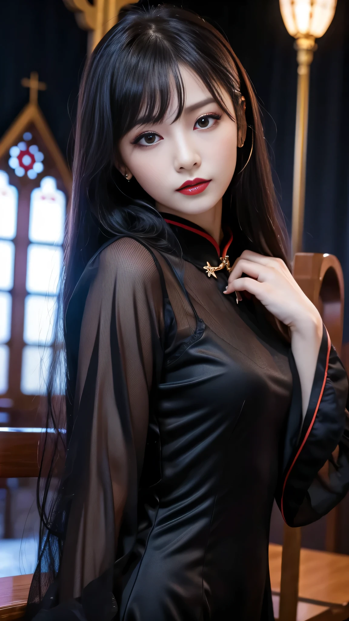 tra-detailed、2girls、Japanese、attractive beauty、seductive adult woman、pretty woman、piercing eyes、cool girl、wavy hair、swept bangs、Long Black Cheongsam、wide sleeves、Evil cadres、evil depravity、brainwash、mind control、lipstick、lip gloss、dark makeup、smirk、whisper in your ear、Evil expression、evil、hollow eyes,half-closed eyes、empty eyes、evil、church at night、vampire、succubus、vampire、Swear allegiance、stand