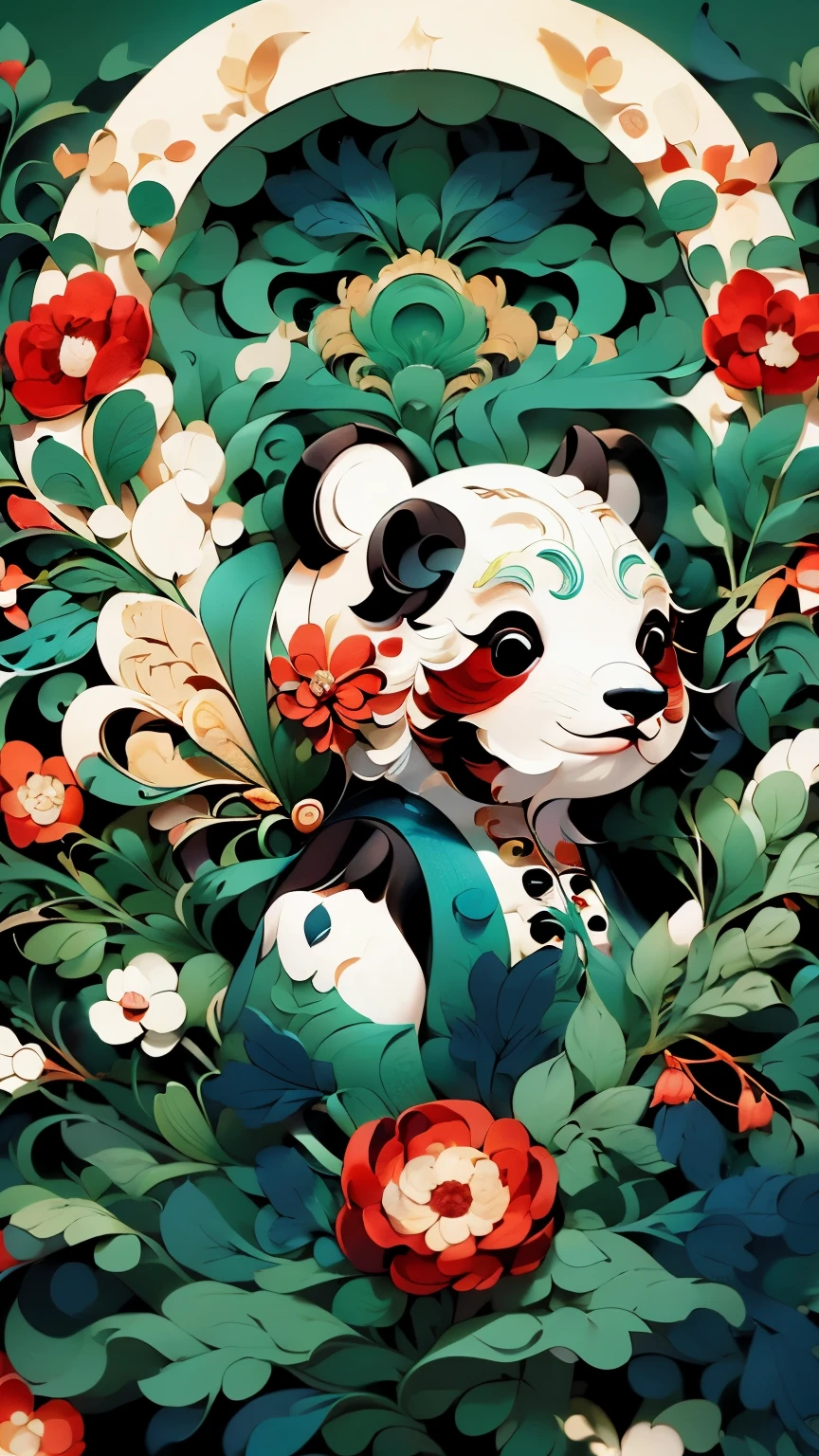 cute panda，No fluff，maximalism，vector illustration，flat style，Inspire，psychedelic dramatic style， Wonderful illustrations in the national style,Colorful illustrations, Lovely detailed artwork, cute panda，Rich details，Use bold characters and vector art style，Simple and clean，green background