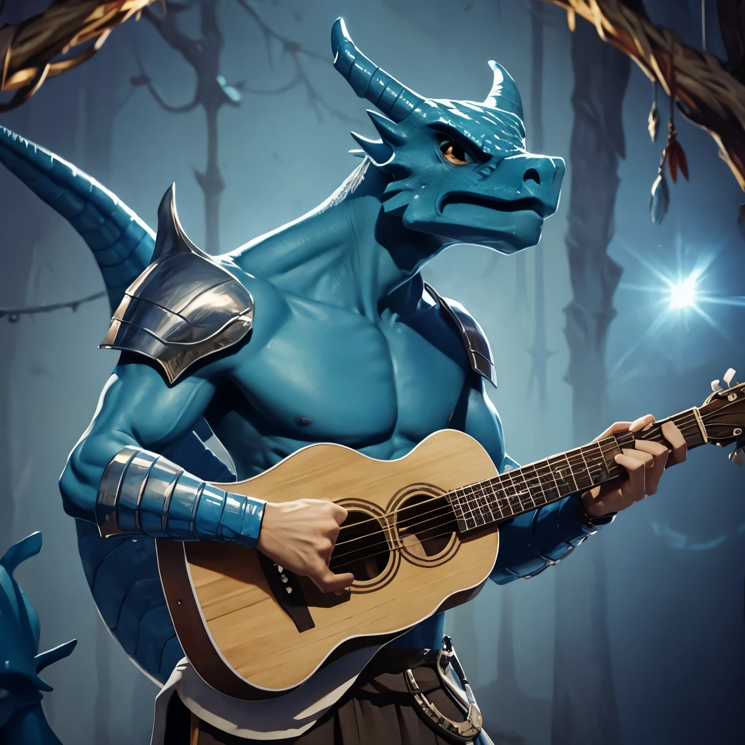 Create a designer role-playing character in modern cartoon style, create a blue dragonborn bard, he has light armor and a wooden guitar. The background and the dragonborn playing at a festival with people around.
