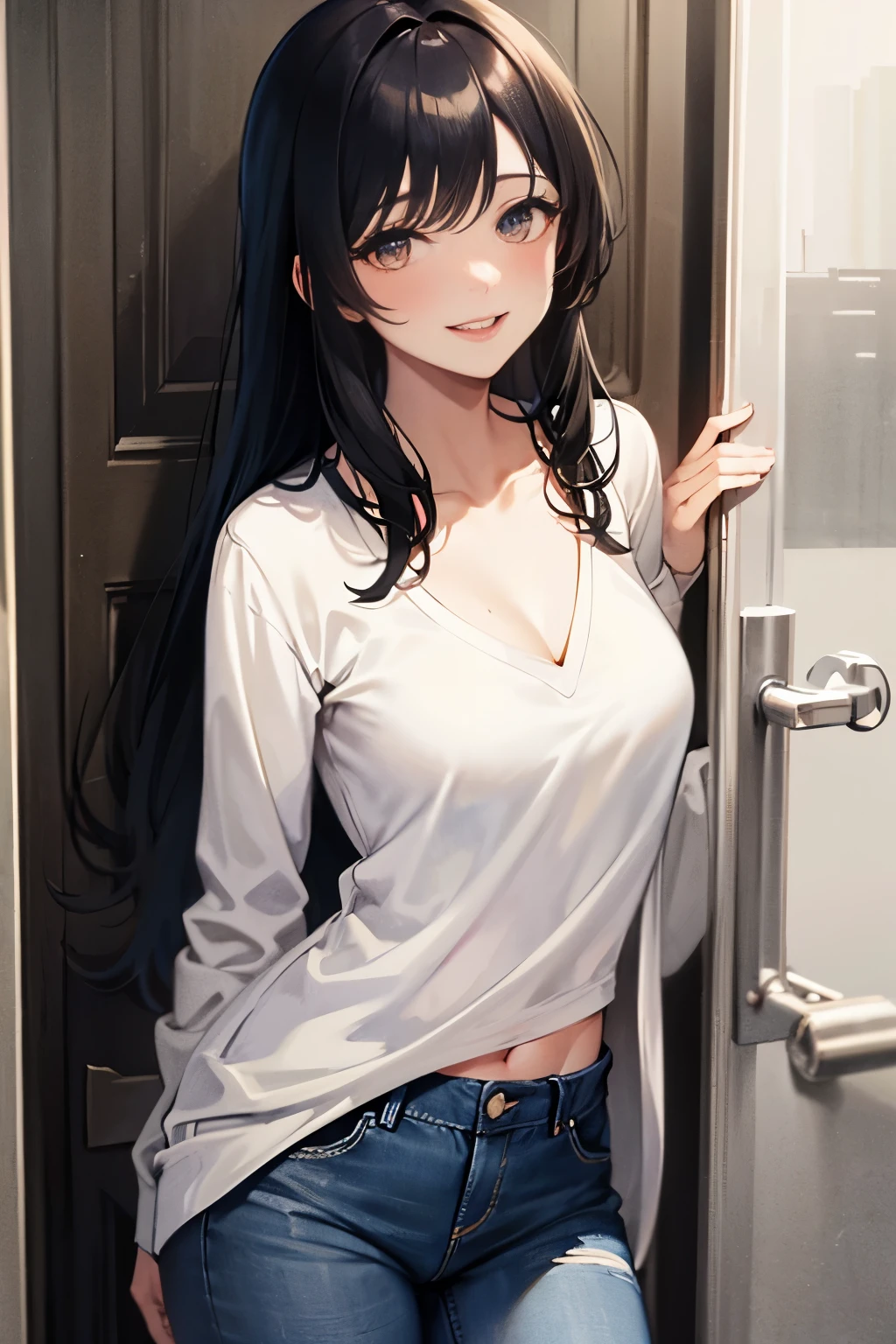 Anime girl with long black hair leaning against a door - SeaArt AI