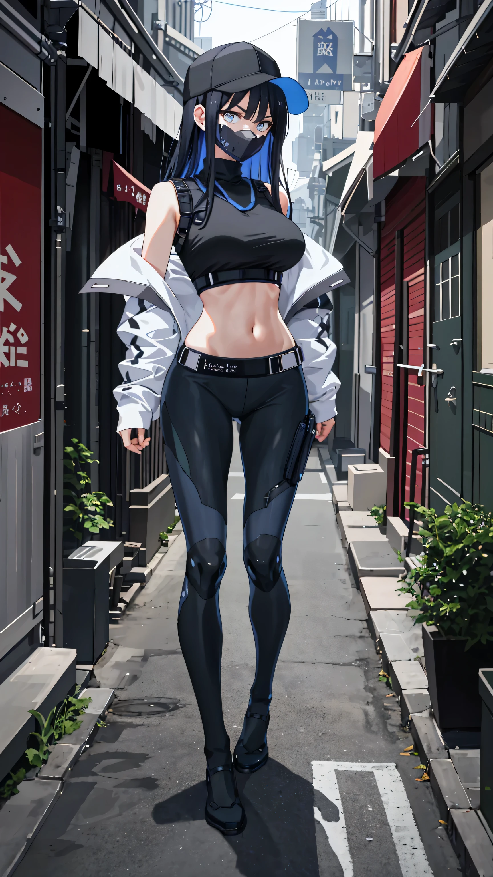 Masterpiece, best quality, high resolution, 1 woman , Saori , long black hair , hat , Black crop top , mask , trousers , abdomen , big breasts , shoe , Stand with feet hips.... , alley , roadside 