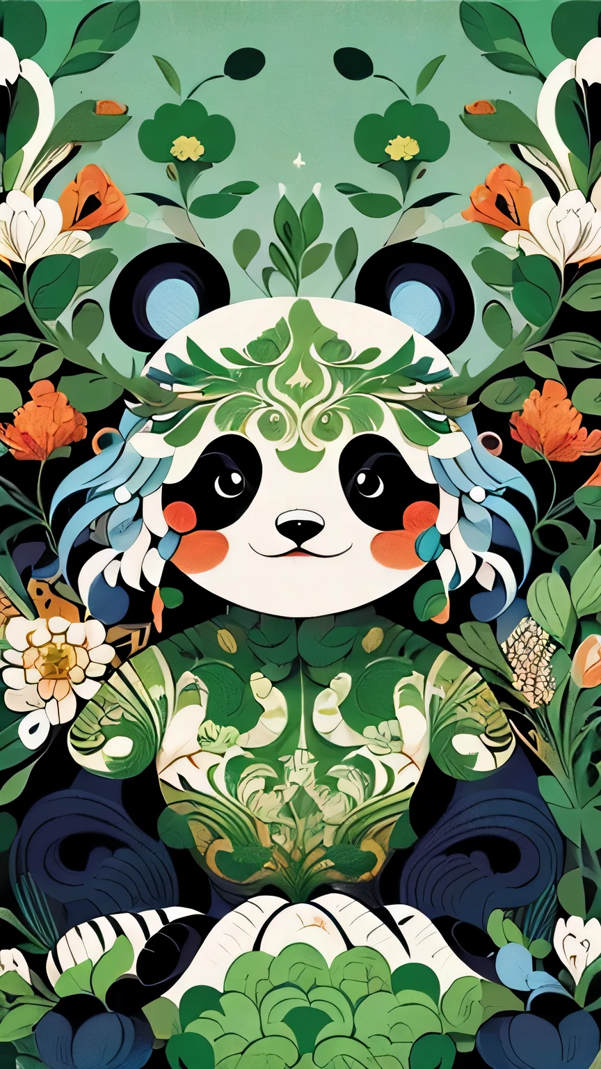 panda mignon，Pas de peluches，maximalisme，Illustration vectorielle，style plat，Inspirer，style dramatique psychédélique， Magnifiques illustrations dans le style national,Illustrations colorées, Belle illustration détaillée, panda mignon，détails riches，Utilisez des caractères gras et un style vectoriel，Simple et propre，fond vert