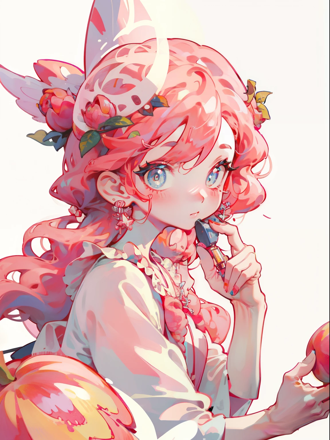 1 Mädchen, ((Pfirsich,Obst)),weißer Hintergrund, pinkes Haar,