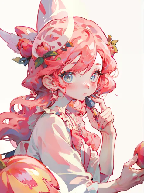 1 girl, ((peach,fruit)),White background, pink hair,
