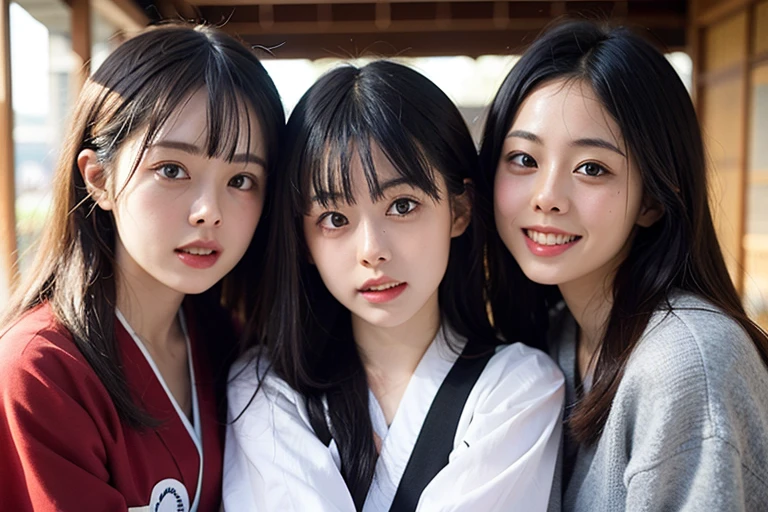 (8K, highest quality, masterpiece, ultra high resolution, Super detailed:1.2) , Photo of Pretty Japanese girls,view from the front,(highest quality),(upper body shot:1)
(In front of the event hall:1.3),(outdoor:1.2),wearing a kimono,(We are united:1.2),Natural light,
((three girls:1.3)),((multiple girls)),Japanese,20-year-old,cute face,medium breasts, grin,
,(detailed face:1.2) ,