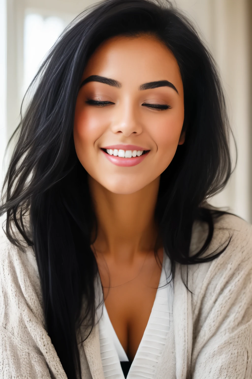 A close up of a woman with long black hair smiling - SeaArt AI