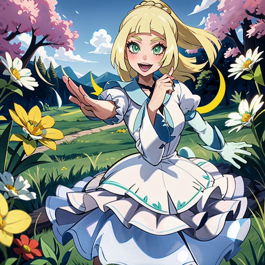 One Girl,a blond,poneyTail,lillie,Green eyes,Guts Pose,nimbly,Beautiful steppe,Ganbari Lilie,pokemon,White dress,Raising,verd s eyes,,Smile with open mouth,Beautiful steppe,blushed face,closing eye,huge smile,Top image quality,Masterpiece,Best Quality