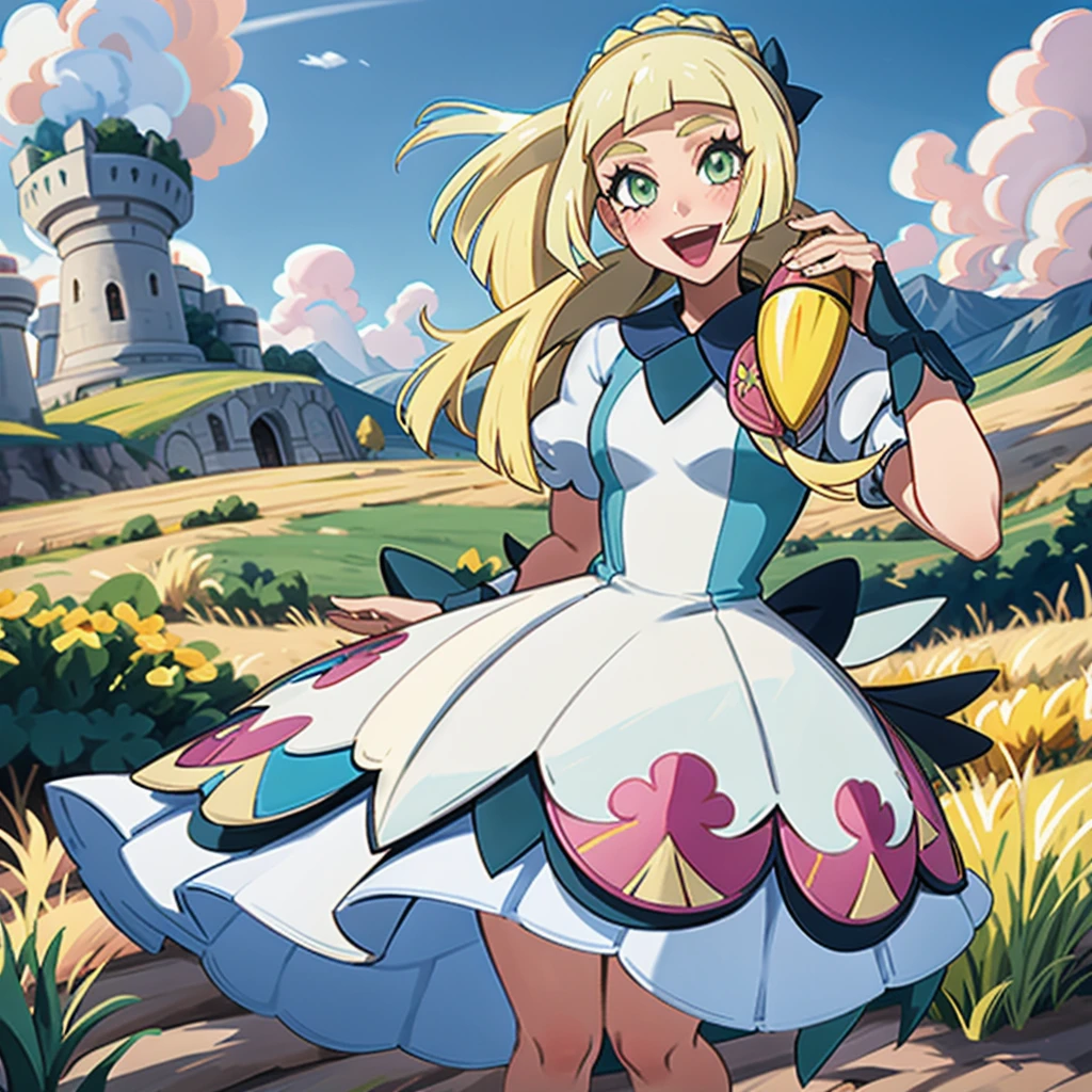 Une fille,une blonde,queue de cheval,Lilie,yeux verts,Pose des tripes,agilement,belle steppe,Lily Ganbari,pokémon,Robe blanche,élevage,les yeux verts,,Souriez avec la bouche ouverte,belle steppe,visage rougi,fermer les yeux,Énorme sourire,Qualité d&#39;image supérieure,chef-d&#39;œuvre,Meilleure qualité