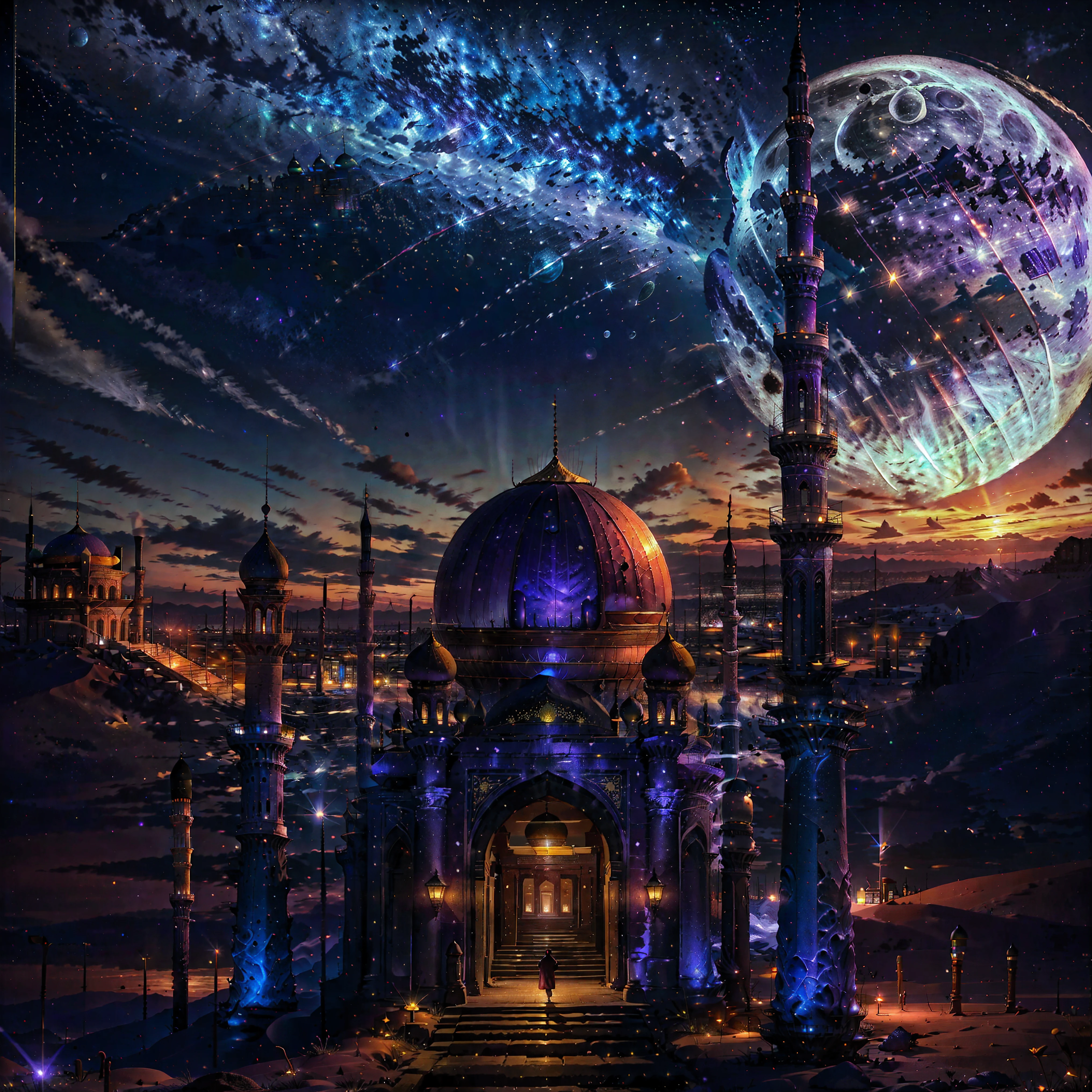 islamic mosque、　gran luna morada、　paisaje desértico、　Beauty nuevo Gradient、　cielo nocturno lleno de estrellas brillantes、　Colores brillantes de la luna y las estrellas.、　Combinación de colores cálidos y fríos.、　y un ambiente fantástico、　Dios々nuevo