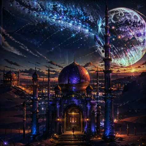 islamic mosque、　big purple moon、　desert landscape、　Beauty New Gradient、　night sky full of shining stars、　bright colors of the mo...