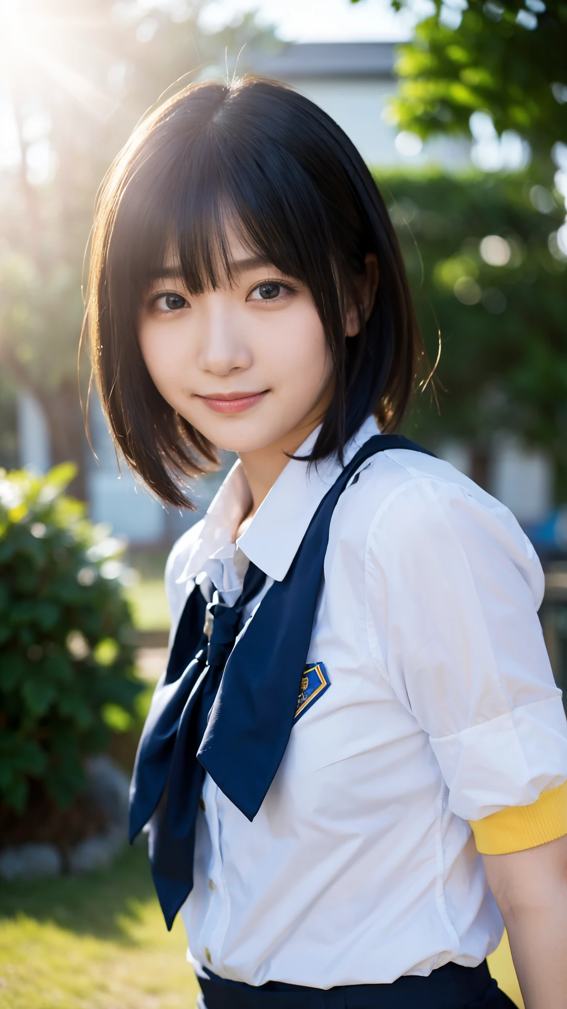 (highest quality,masterpiece:1.3,ultra high resolution),(Super detailed,caustics,8k),(photorealistic:1.4,RAW shooting),1 girl,18-year-old,cute,Japanese,black short bob,(school uniform),(Looking at me with a smile),morning,blue sky,sun,Natural light,school playground,(front shot),face focus,face close up,bust up shot,low position,Low - Angle,Backlight,Lens flare