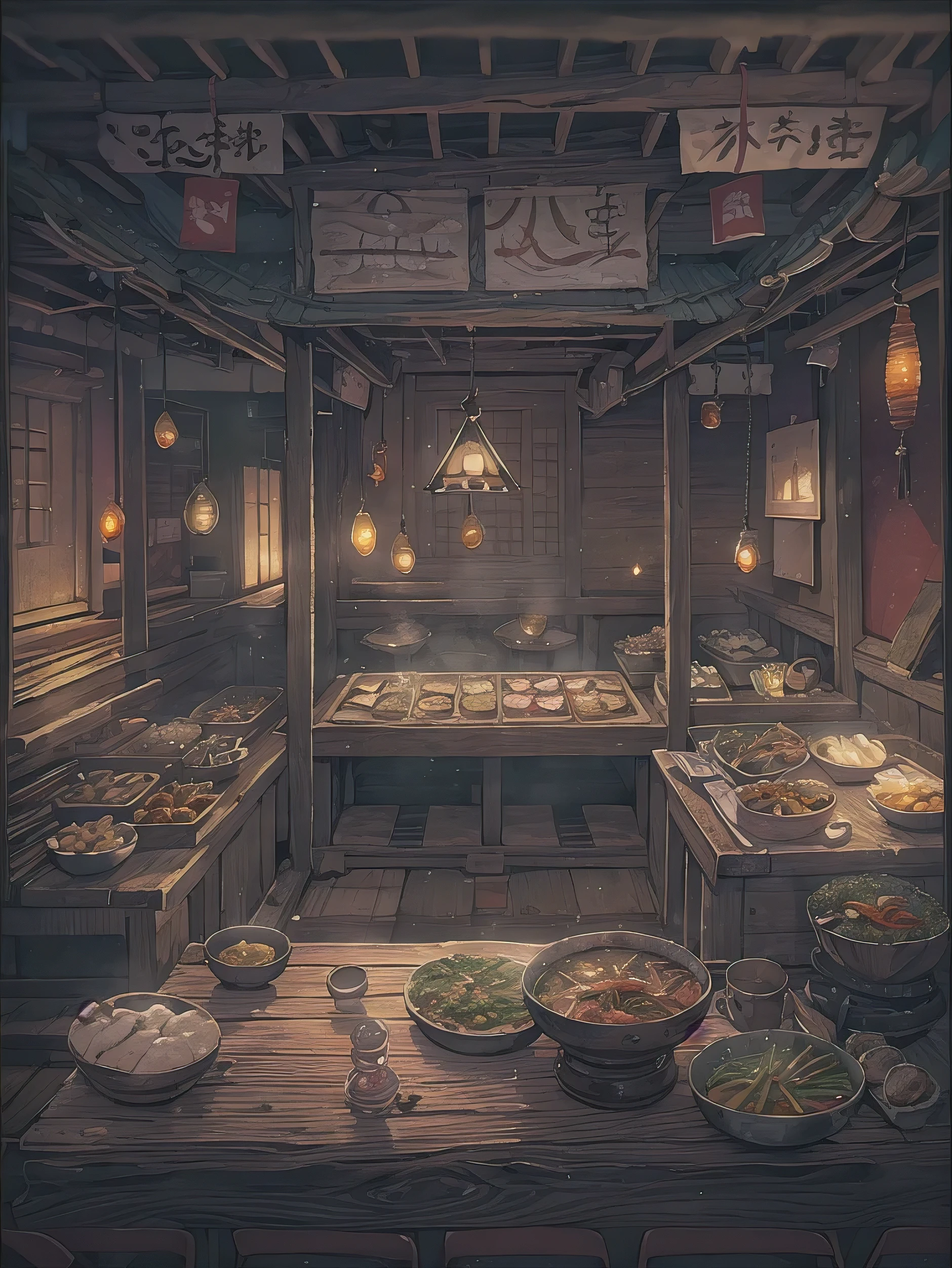 (obra de arte), melhor qualidade, Muito detalhado, arte de fantasia, Restaurante tradicional oriental, Atmosfera de restaurante coreano, Atmosfera de barraca de comida interna, Atmosfera antiga dos anos 1600, Mostrado apenas como plano de fundo, ninguém, Iluminação ambiente escura no meio da noite, Tela vista de um ângulo de 25 graus, Uma rápida olhada na mesa de cozinha, espaço sem pessoas