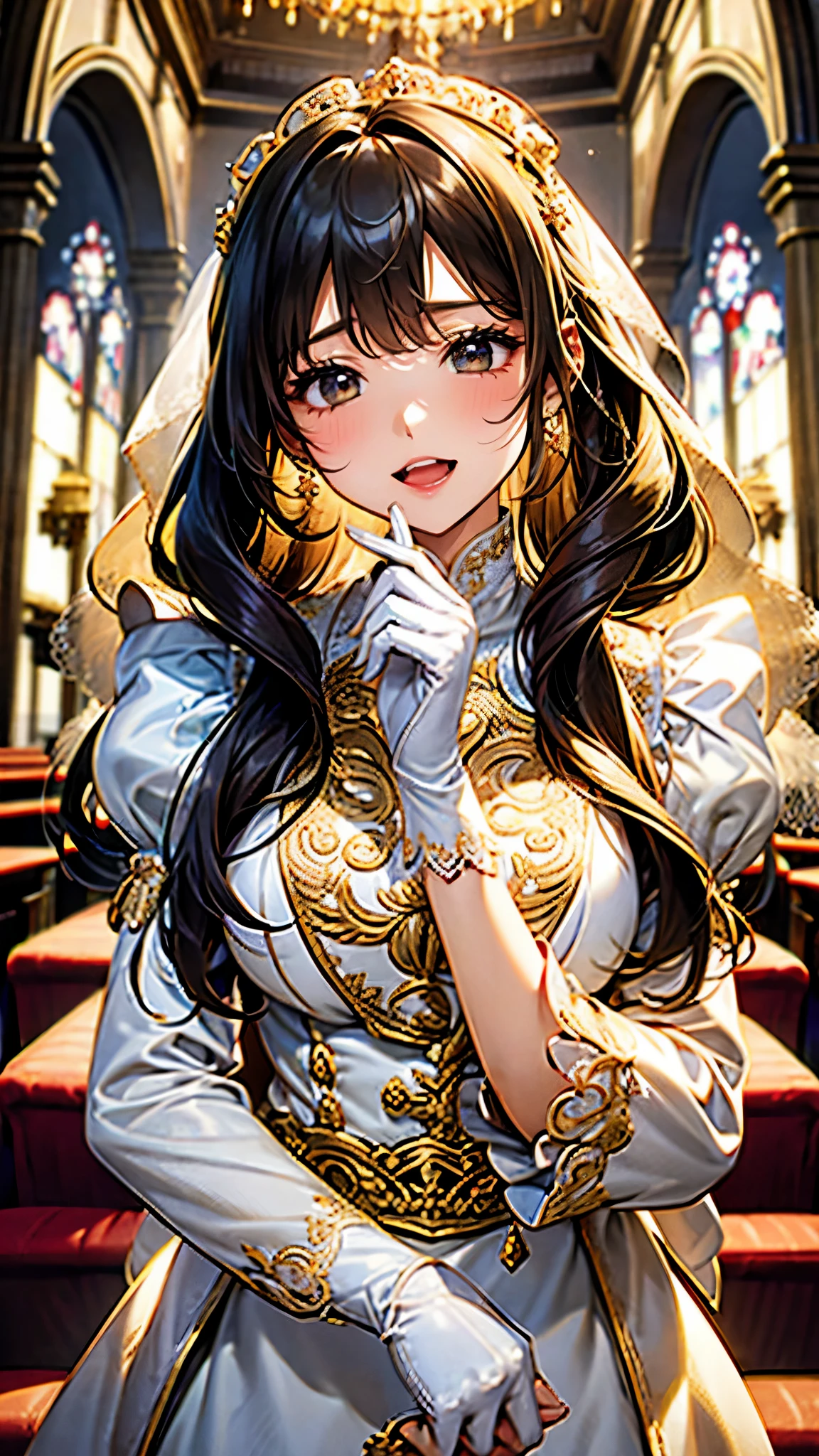 In front of the altar of a majestic church、（blurred background）、brighter light、golden long hair girl、classic white wedding dress、（elegant luster）、（lots of races）、lots of ribbons、((voluminous puff sleeves))、long cuffs with many buttons、golden embroidery、long train、White embroidered gloves、five fingers、laughter、redness of cheeks