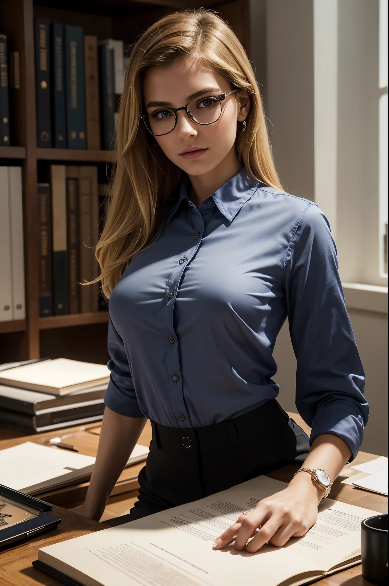 masterpiece, best quality, extremely detailed, hyperrealistic, photorealistic, a beautiful 20s french model, at office:1.2, navy long sleeve shirt:1.2, working at desk, raging:1.1, ultra detailed face, medium hair, blonde hair, pale skin, busty breasts, glasses
