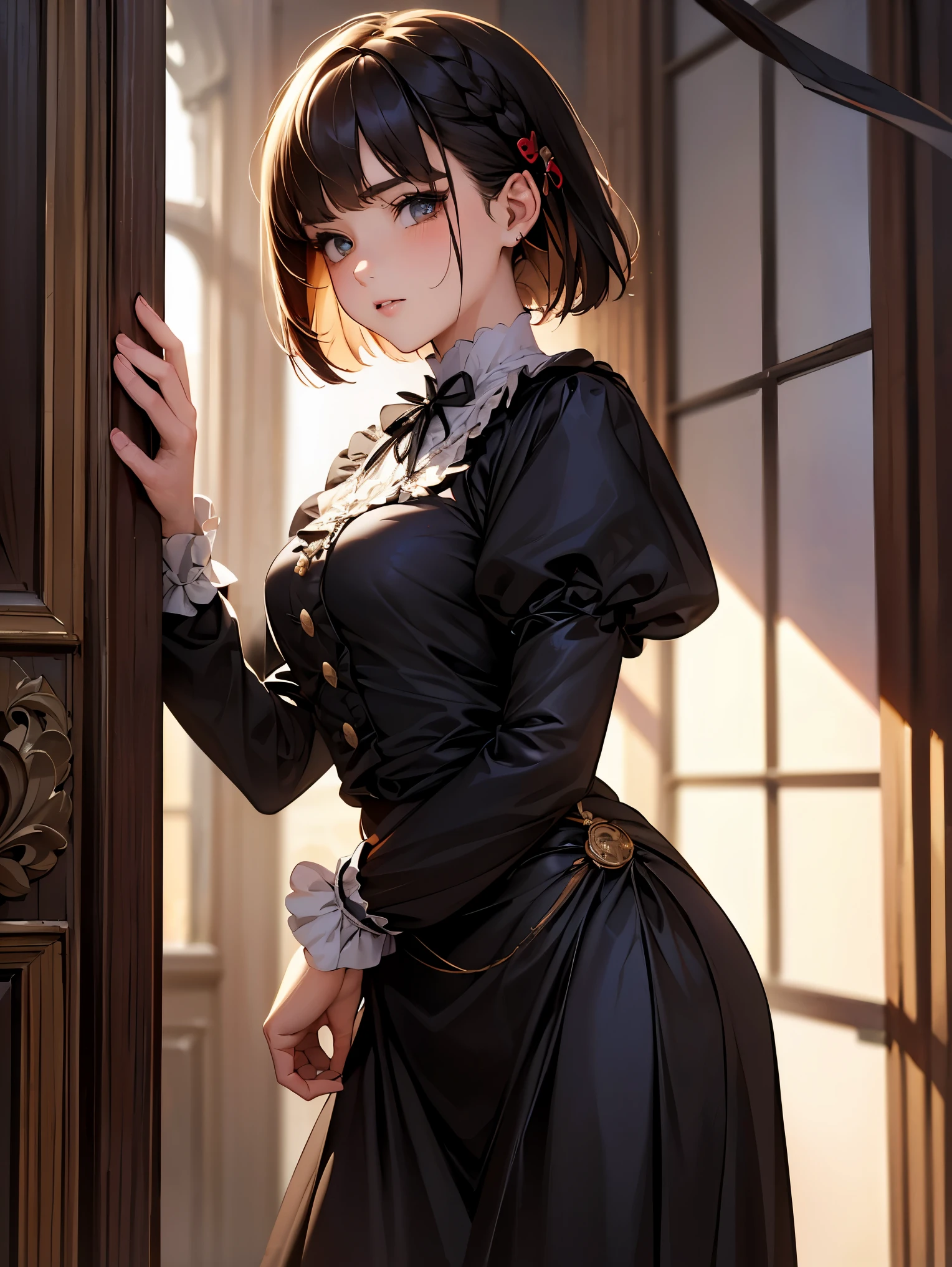 (highest quality、16k、masterpiece、ultra high resolution、victorian era、Photoreal:1.2)、cowboy shot、One-Length Bob Cut、Braided hair clip with front drop、big ribbon、brand uniform　cute、clear、 Tsundere、Heroine&#39;s attributes、Artistic shadows
