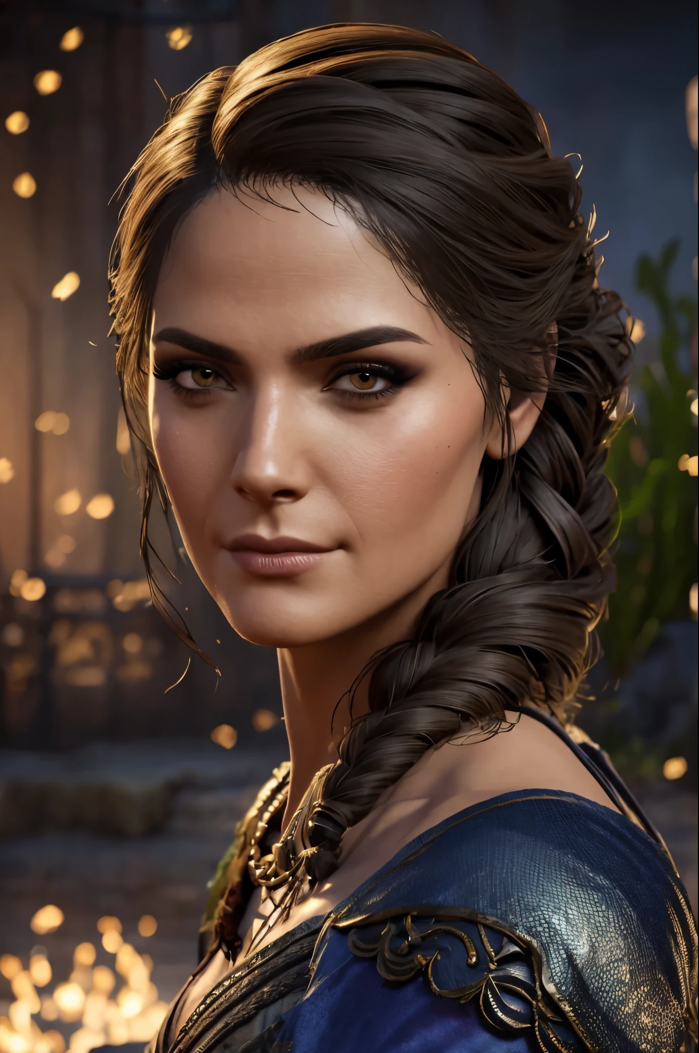 (best quality,ultra-detailed,realistic:1.37),(HDR,UHD,studio lighting),(portraits),(vivid colors),(warm color tones),(soft,moody lighting),(sharp focus),(bokeh),Kassandra,Assassin's Creed Universe,Kassandra's stunning face,Kassandra's piercing eyes,Kassandra's alluring gaze,Kassandra's seductive lips,Kassandra's flowing hair,Kassandra's confident and provocative smile,mysterious atmosphere,dark and gritty background,tattoos on Kassandra's body,ornate assassin gear,fierce and powerful stance,sparkling jewelry,dramatic lighting to accentuate facial features,subtle makeup,subtle hints of smoke or mist,nighttime setting,embers glowing in the background,subtle moonlight bathing the scene