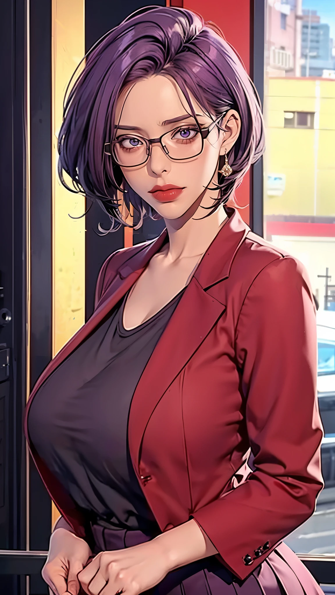 （（（Perfect figure，figure，Red blazer， gray shirt，hip-covering skirt（（（JMT,Glasses,purple hair,short hair,purple eyes,MiJungdef，purple eyes，purple hair，medium hair，）））型figure:1.7））），((masterpiece)),high resolution, ((Best quality at best))，masterpiece，quality，Best quality，（（（ Exquisite facial features，looking at the audience,There is light in the eyes，Happy，nterlacing of light and shadow，huge boobs））），（（（looking into camera，)）））