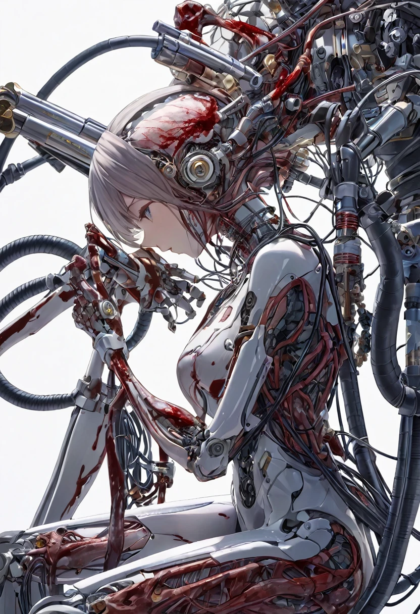 (masterpiece, top quality, best quality, official art, beautiful and aesthetic:1.2), (1girl:1.3), extreme detailed,colorful,highest detailed ((ultra-detailed)), (highly detailed CG illustration), ((an extremely delicate and beautiful)),(from side),cinematic light,((1mechanical girl)),solo,full body,(machine made joints:1.2),((machanical limbs)),(blood vessels connected to tubes),(mechanical vertebra attaching to back),((mechanical cervial attaching to neck)),(sitting),expressionless,(wires and cables attaching to neck:1.2),(wires and cables on head:1.2)(character focus),science fiction,white background,(blood:1.5)