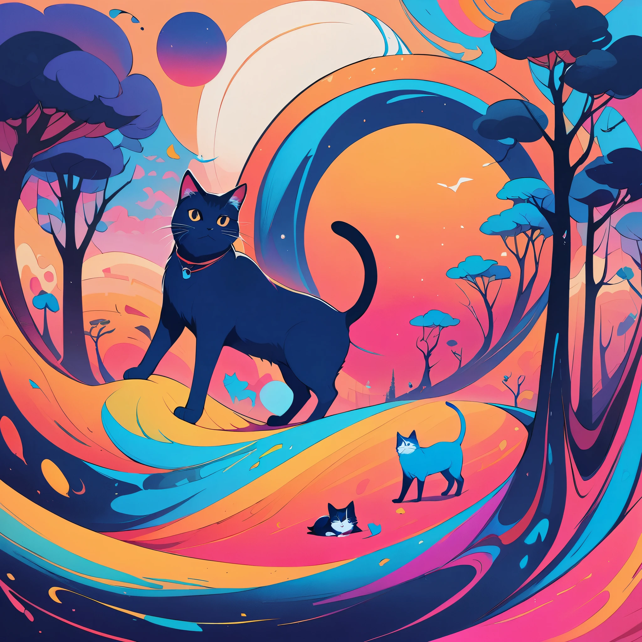 Super nice background，clean background，abstract painting，Vibrant colors，a cat，under the sun，trees