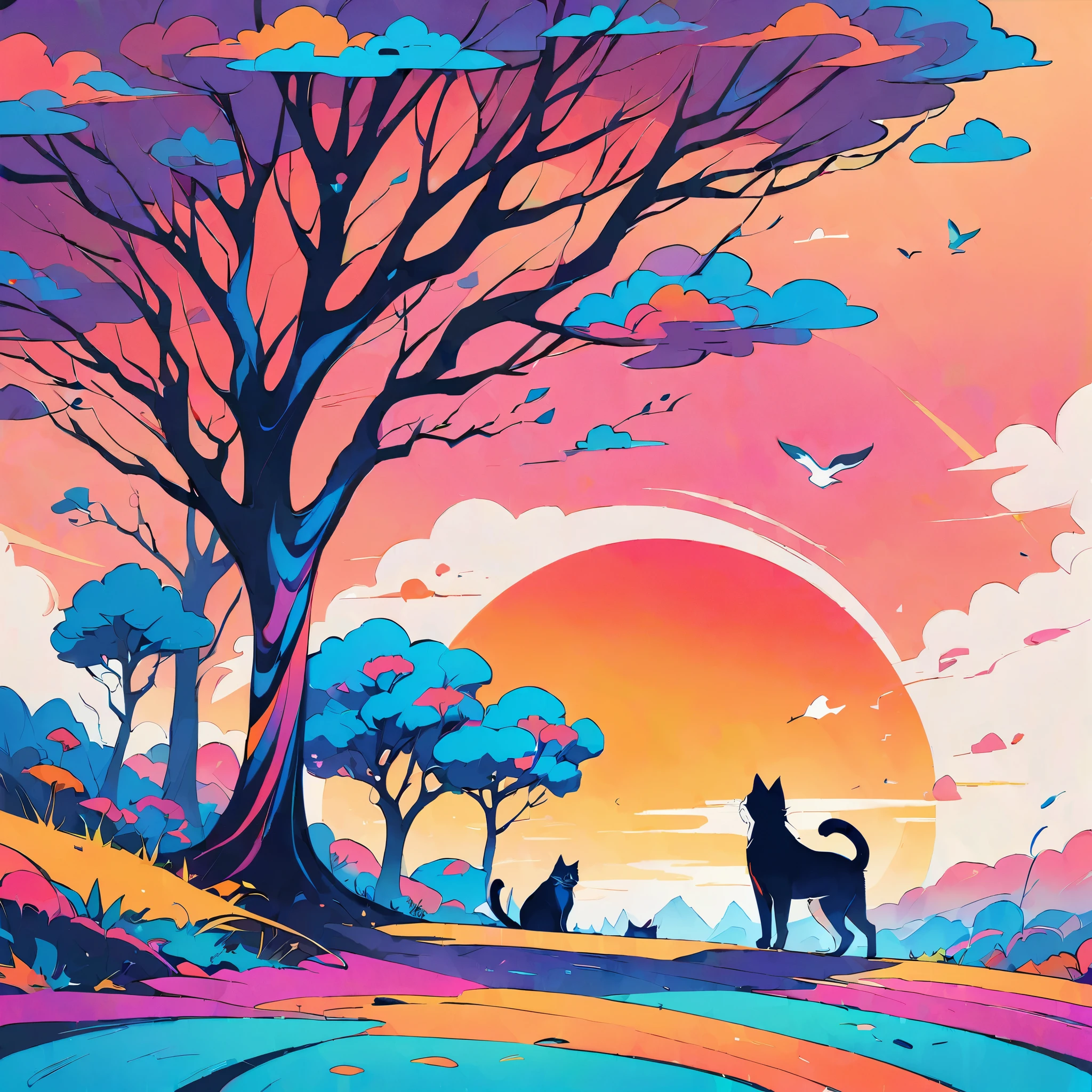 Super nice background，clean background，abstract painting，Vibrant colors，a cat，under the sun，trees