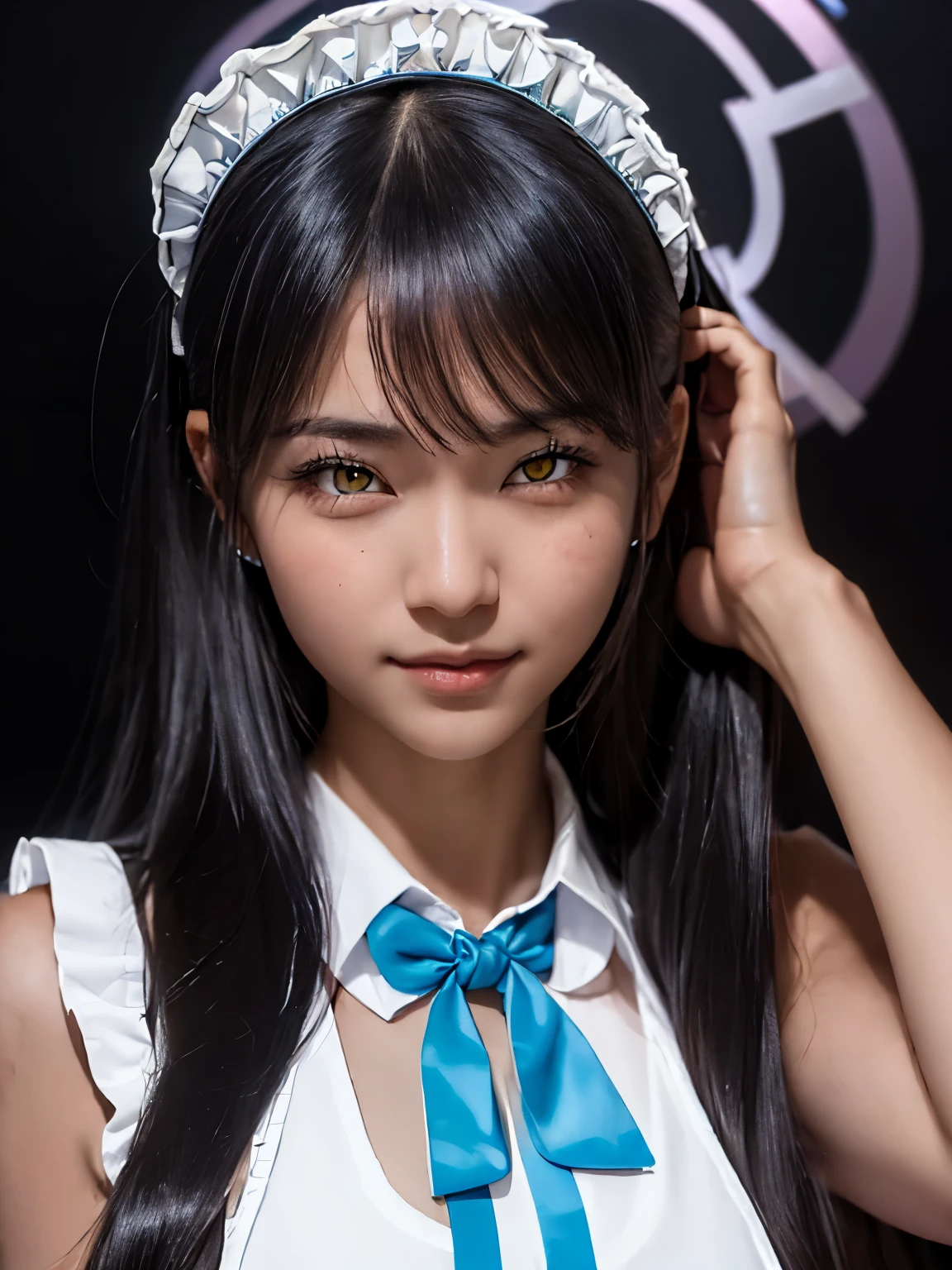 (face close-up:2), (beautiful japanese girl), (Shot with Canon EOS 5D Mark 4 and Canon EF Lens 180mm F2.4L lens, F value 2.4, ISO 50, shutter speed 64), beautiful and fine eyes, perfection , perfection, roll your eyes, detailed face, fine eyes, excellent quality, masterpiece, very detailed, Advanced level of detail, many details, high quality, cinematic light, real hands, (super realistic:1.3), high school student , perfect eyes, detailed skin, skin blemish, 170cm toll, lip gloss, break, 
karin_bluearchive, smile, 屈託のないsmile, 
black hair, dark-skinned female, dark skin, long hair, yellow eyes, bangs, breasts, large breasts, halo, bow, blush, bowtie, blue bow, very long hair, blue bowtie, braless,
nvpu, 1girl, solo, maid, cosplay, maid headdress, maid apron, neck ribbon, bow,
carrying an anti-tank rifle,
 ruins, in the london,