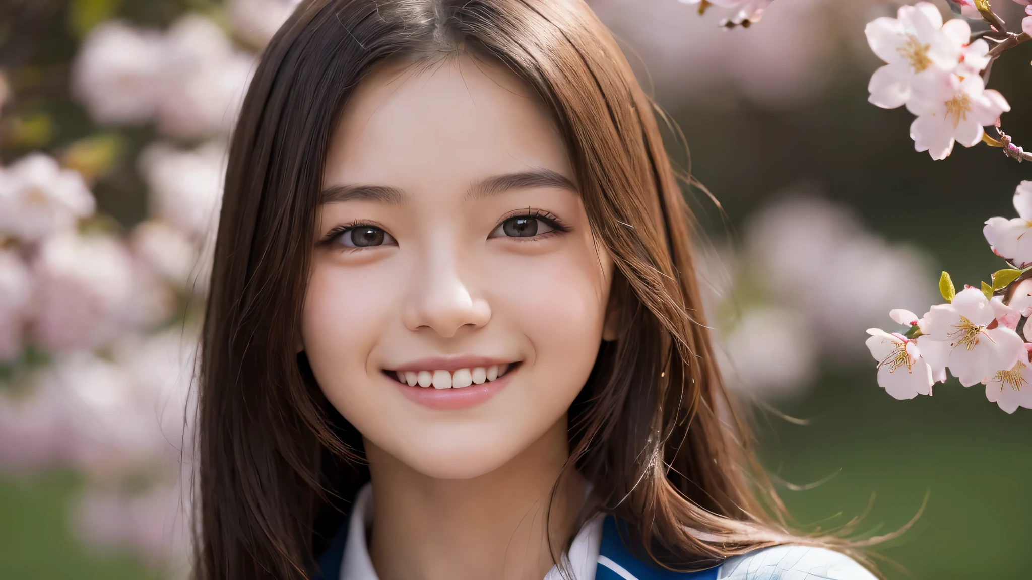 (1girl), (17yo), (young face:1.2), shy smile, (Best Quality:1.4), (Ultra-detailed), (extremely detailed beautiful face), Amazing face and eyes, brown eyes, (highly detailed Beautiful face), (high school uniform:1.2), (extremely detailed CG unified 8k wallpaper), Highly detailed, High-definition raw color photos, Professional Photography, Realistic portrait, Extremely high resolution, cute smiling, Cherry blossom trees,