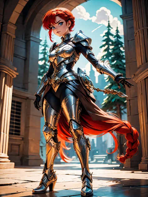 Garota anime ruiva guerreira, com ears fox, com armadura red,  red armored, 15 anos, corpo bonito, seios grandes, postura de com...