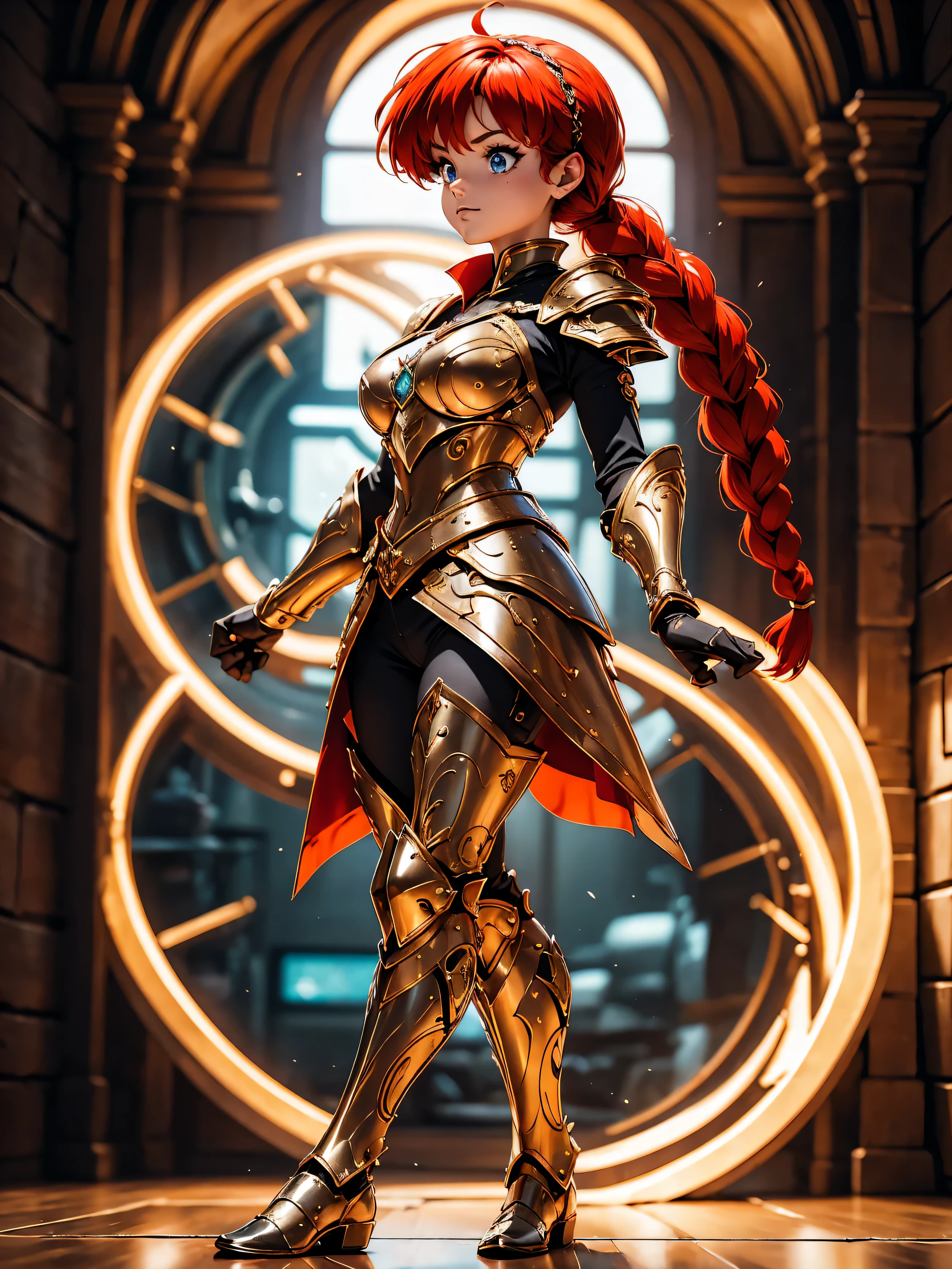 Redhead warrior anime girl, com ears fox, with red armor,  red armored, 15year old, Body cute, breasts big, Combat posture, holding sword, sexy girl, red hair with braid, side hair highlights, locks of hair on the side of the face, beautiful lighting, softshadows, blue colored eyes, pretty legs, short hair with braid, anime styling, ranma chan, Autora Rumiko Takahashi, Based on a work by Rumiko Takahashi, Anime Ranma 1/ 2, sexy warrior, robust hip, fully body, fully body, Bust Big, young girl with fox ears, beautiful and beautiful body, boots on feet, garota 15year old jovem baixa estatura, wearing gothic armor, anime girl, anime styling, feet with black boots, front view angle, plein-air, red hair braid, ears fox, upright posture, body in straight posture, eyes large, red armor