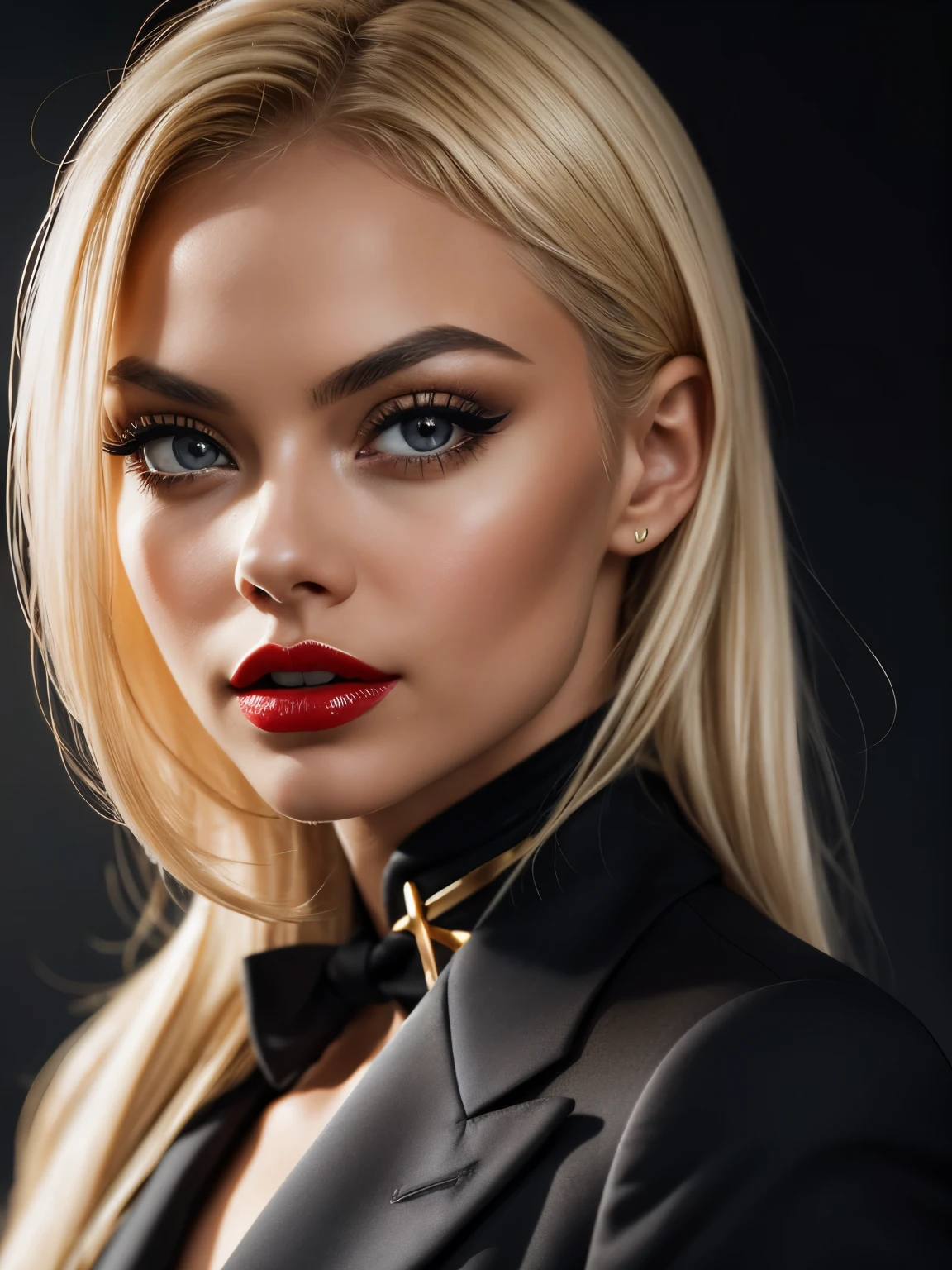 retrato de mujer (jessejane_v1:1.0), pelo rubio, ((alta calidad、Alta resolución、​obra maestra、enfoque nítido、fotografía realista、Fotografía cruda、iluminando como una película、Ángulos de cámara extremos、iluminación radiante、fondo oscuro、labios rojos,  negro Suit、negro & Paleta Dorada、maquillaje oscuro