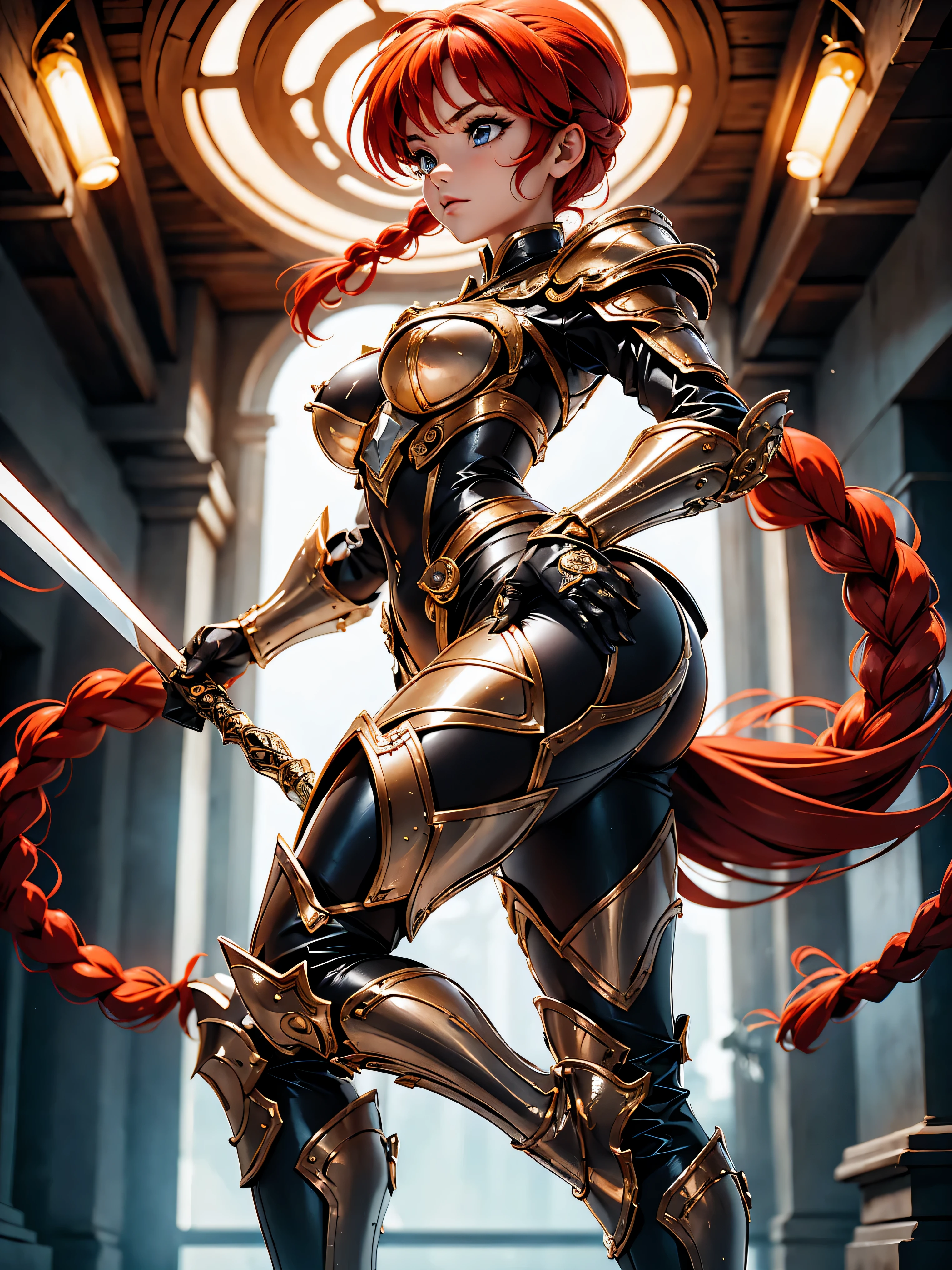 Redhead warrior anime girl, com fox ears, with red armor,  red armored, 15year old, Body cute, breasts big, Combat posture, holding sword, sexy girl, red hair with braid, side hair highlights, locks of hair on the side of the face, beautiful lighting, softshadows, blue colored eyes, pretty legs, short hair with braid, anime styling, ranma chan, Autora Rumiko Takahashi, Based on a work by Rumiko Takahashi, Anime Ranma 1/ 2, sexy warrior, robust hip, fully body, fully body, Bust Big, garota jovem com fox ears, beautiful and beautiful body, boots on feet, garota 15year old jovem baixa estatura, wearing gothic armor, anime girl, anime styling, feet with black boots, front view angle, plein-air, red hair braid, fox ears, upright posture, body in straight posture, eyes large, red armor