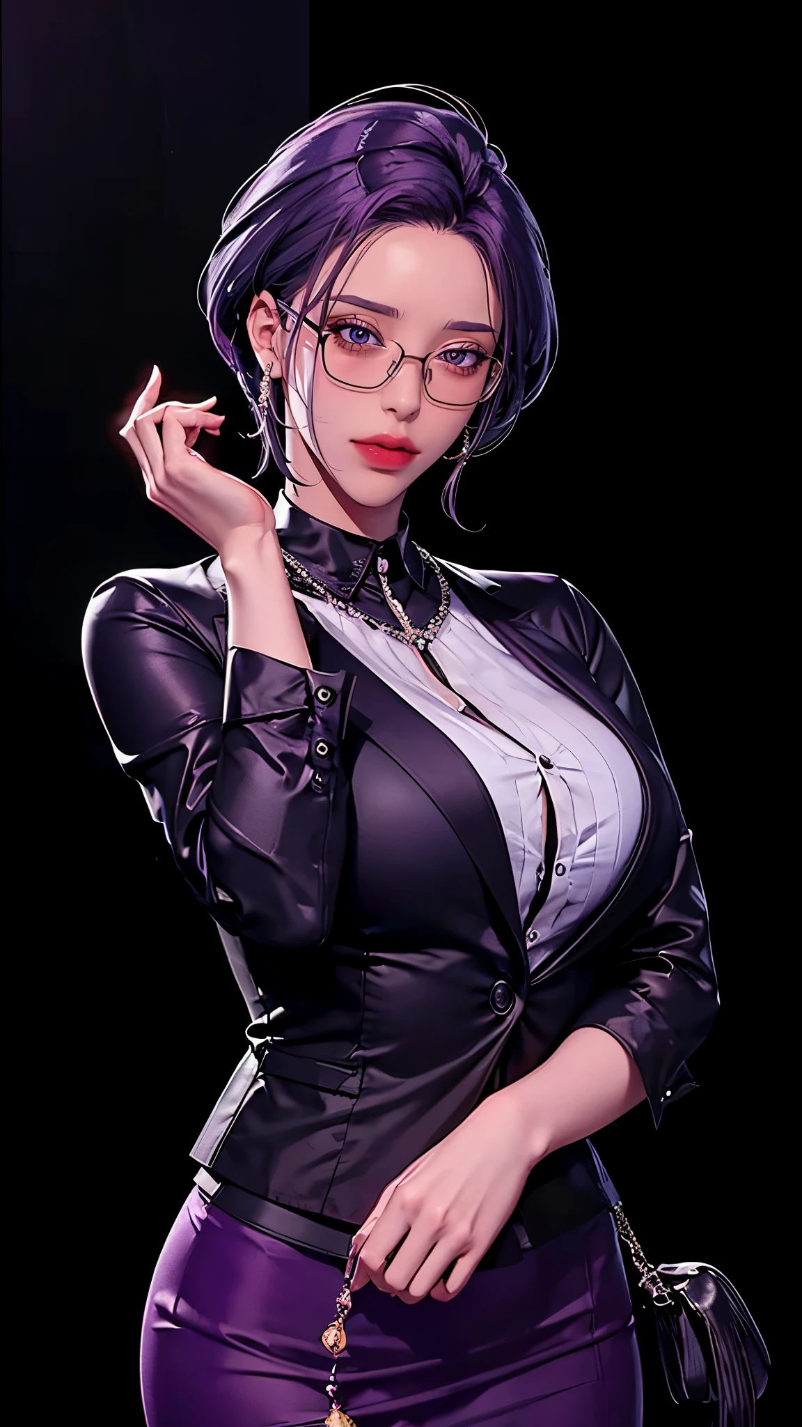 （（（Perfect figure，figure，suit， gray shirt，hip-covering skirt（（（JMT,Glasses,purple hair,short hair,purple eyes,MiJungdef，purple eyes，purple hair，medium hair，）））型figure:1.7））），((masterpiece)),high resolution, ((Best quality at best))，masterpiece，quality，Best quality，（（（ Exquisite facial features，looking at the audience,There is light in the eyes，Happy，nterlacing of light and shadow，huge boobs））），（（（looking into camera，black background)）））