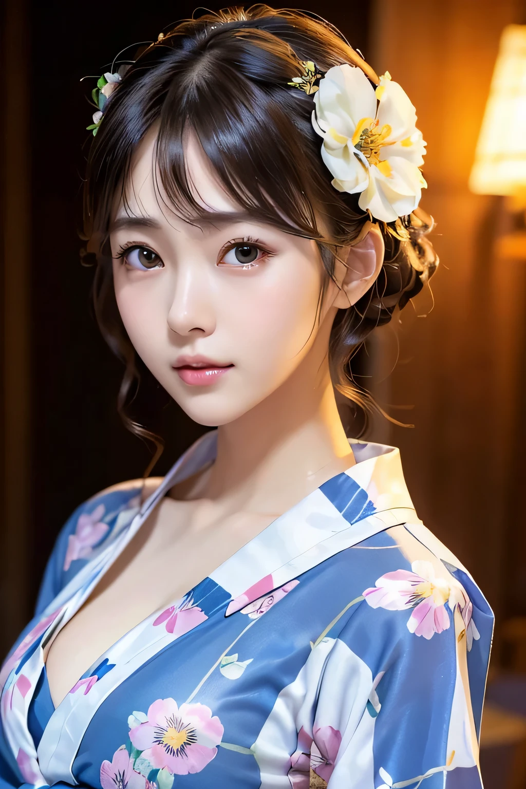 ８ｋ、(highest quality:1.4)　、masterpiece、 1 girl、cinematic lighting, , , , , Lanky Body, slim、flat body、lonely face、cute、inverted triangle face、 (close up headshot:1.3) 、(floral pattern yukata:1.23)、Flower kanzashi